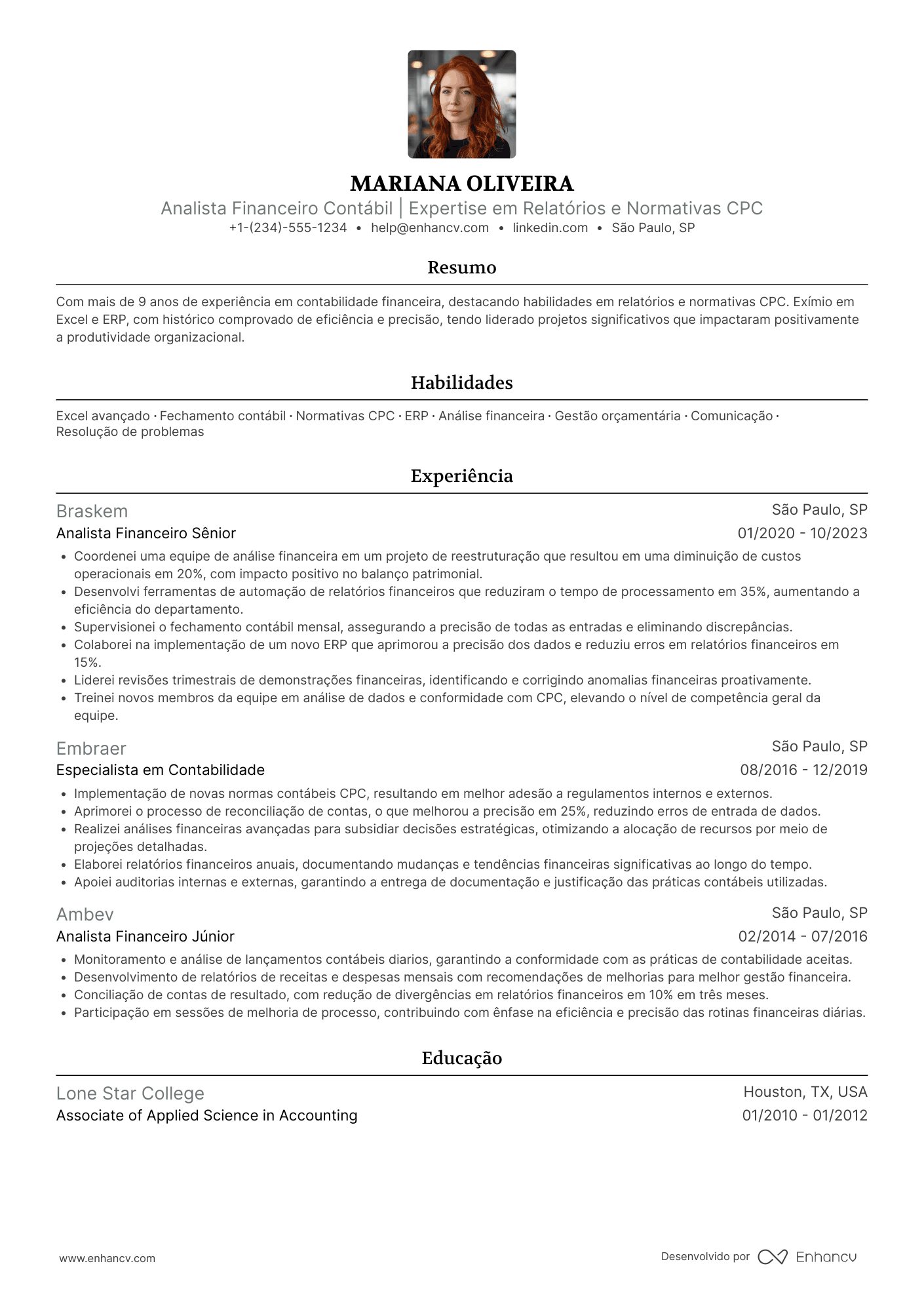 Analista financeiro contábil Resume Example