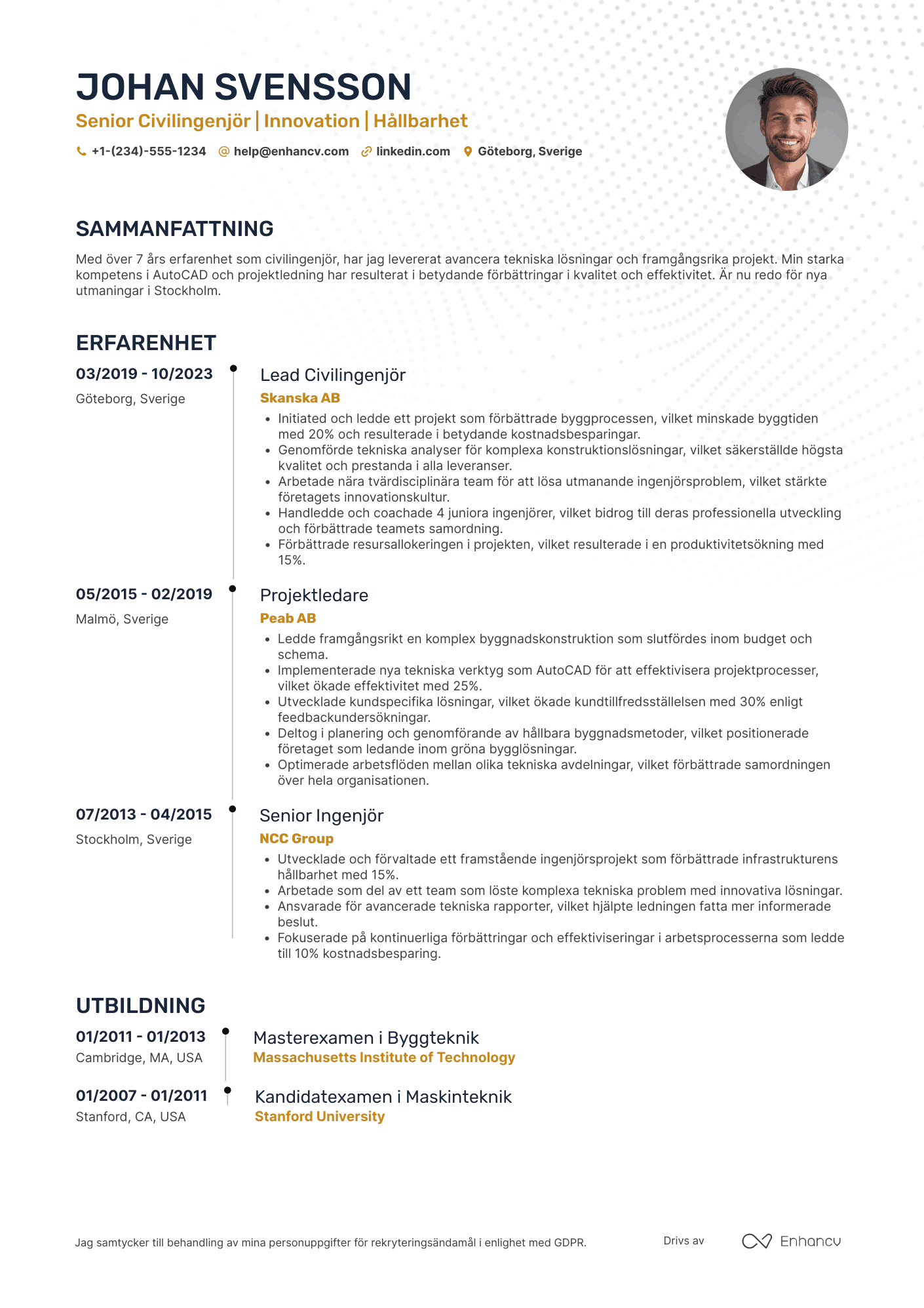 CV för Senior civilingenjör Resume Example