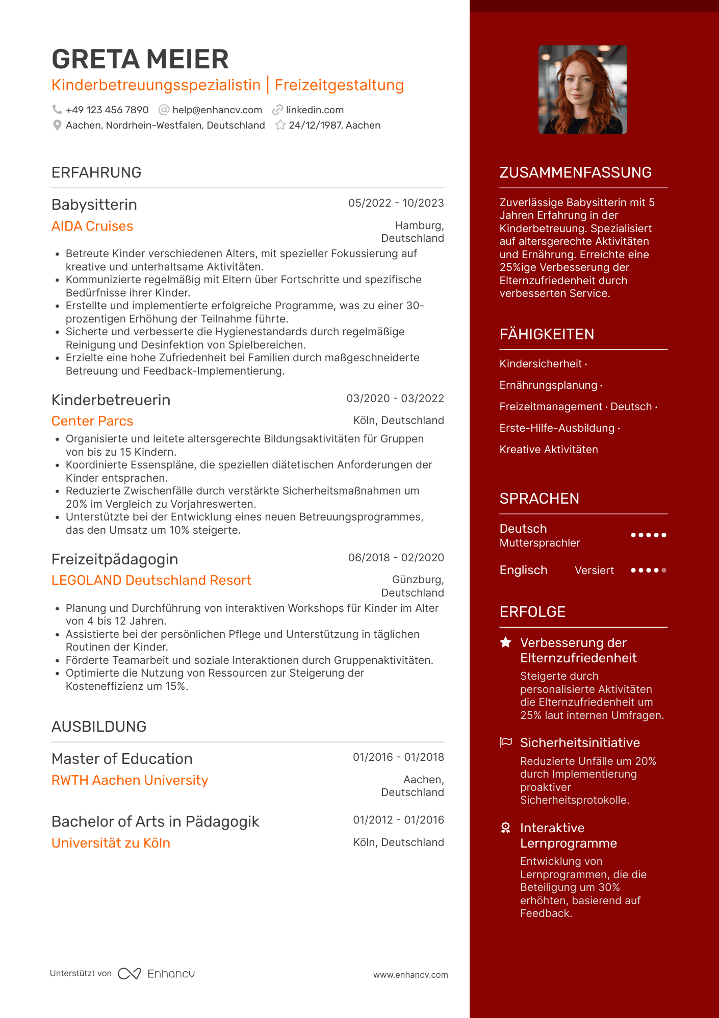 Lebenslauf in Babysitter in Ferienresorts Resume Example