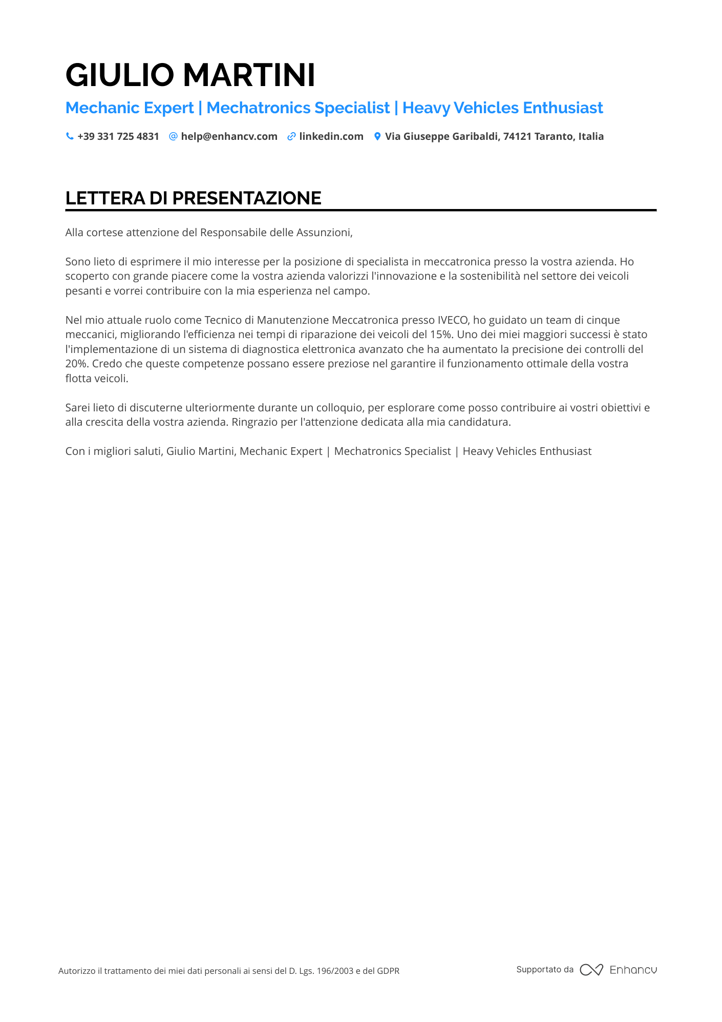 Elettricista Automobilistico Resume Example