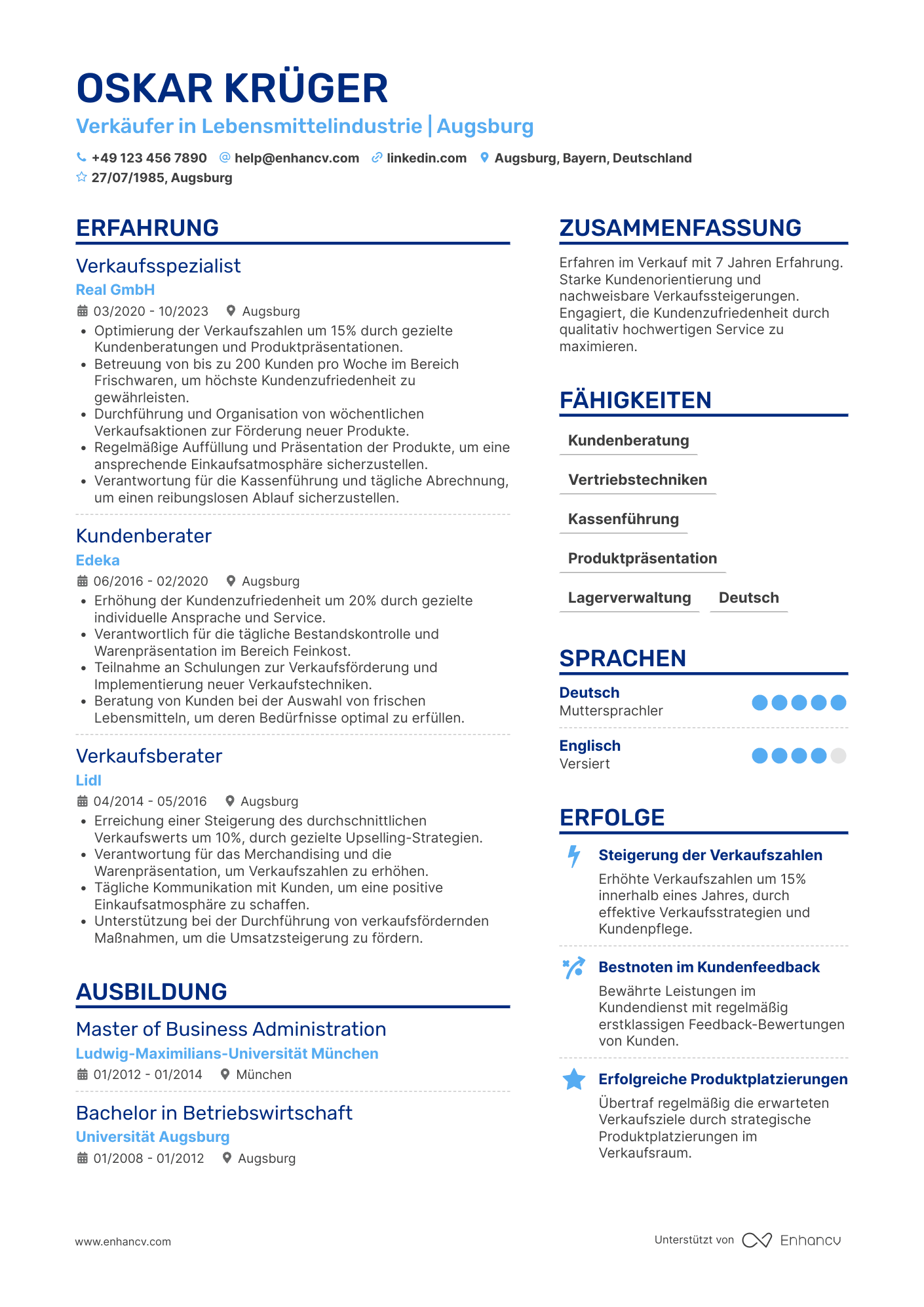 Lebenslauf in Verkäuferin in der Lebensmittelindustrie Resume Example