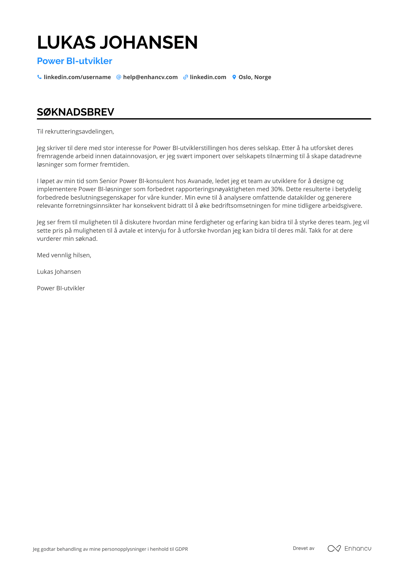 Søknadsbrev for Data Analytics Power BI‑utvikler Resume Example