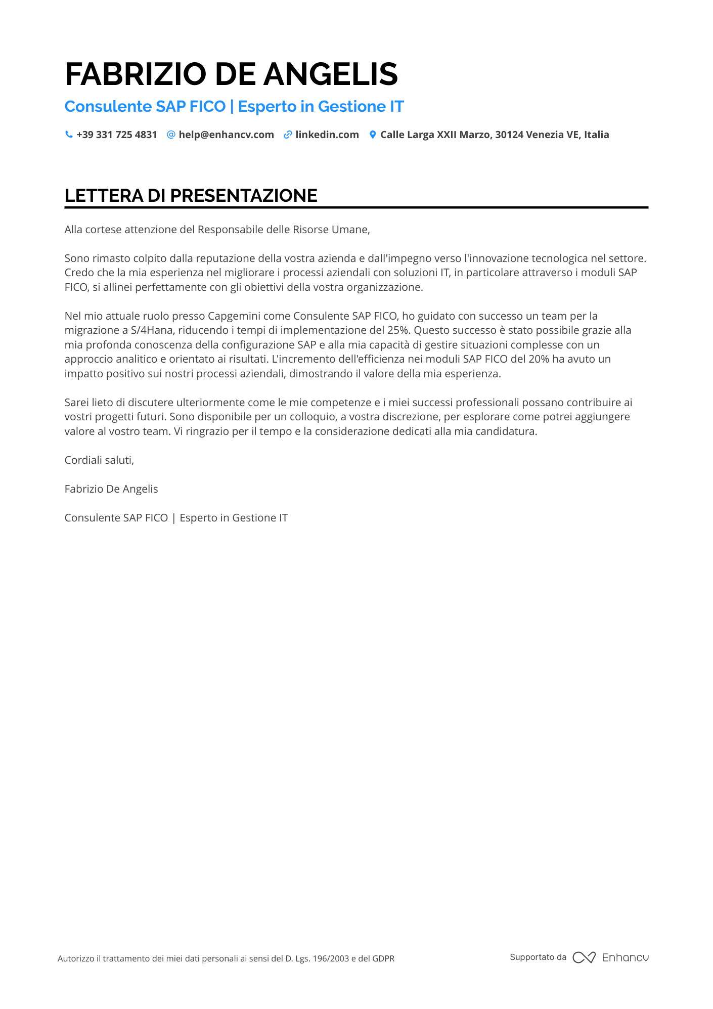 Specialista in implementazione OSS Resume Example