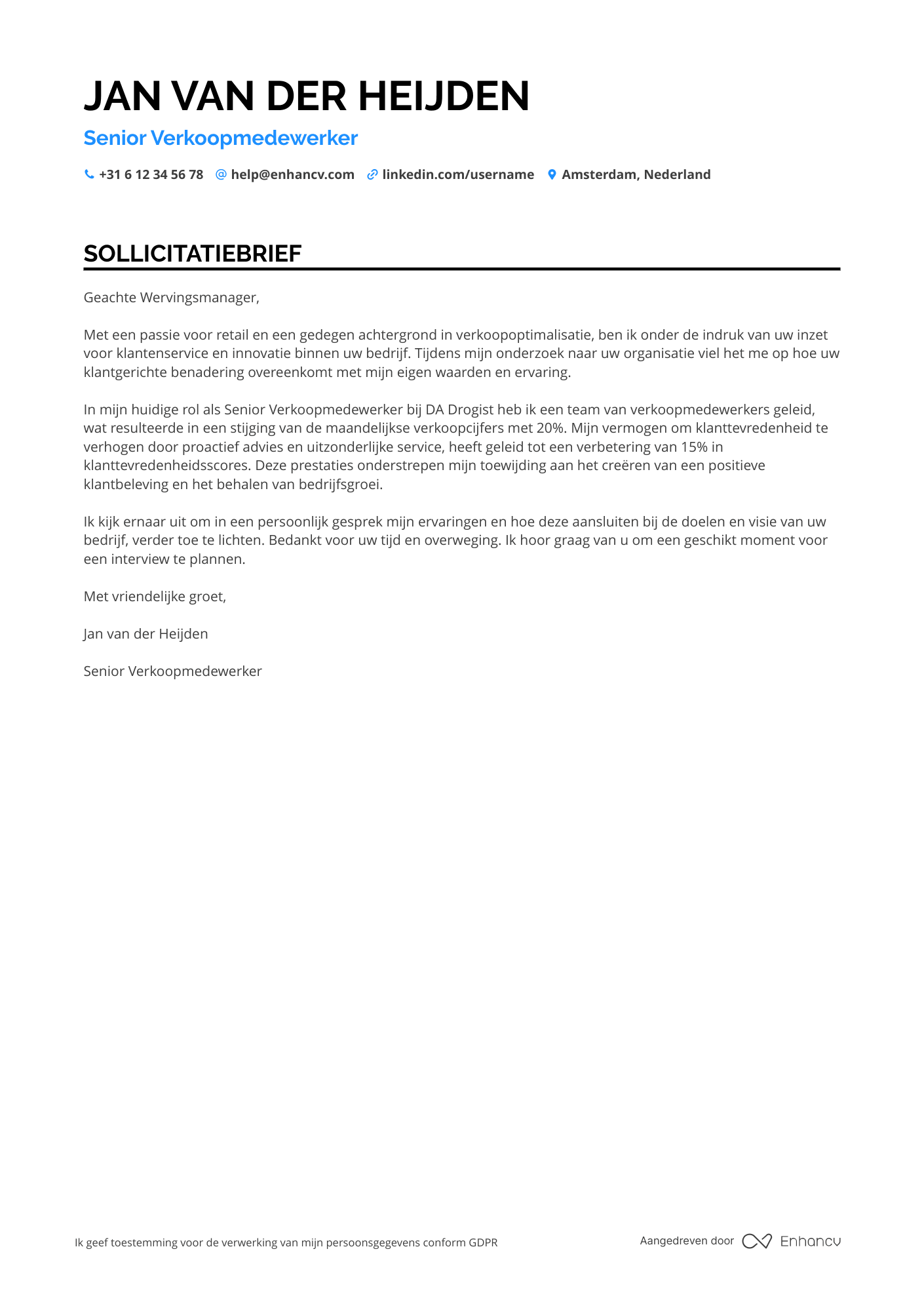 Sollicitatiebrief voor Kruidvat Senior Verkoopmedewerker Resume Example