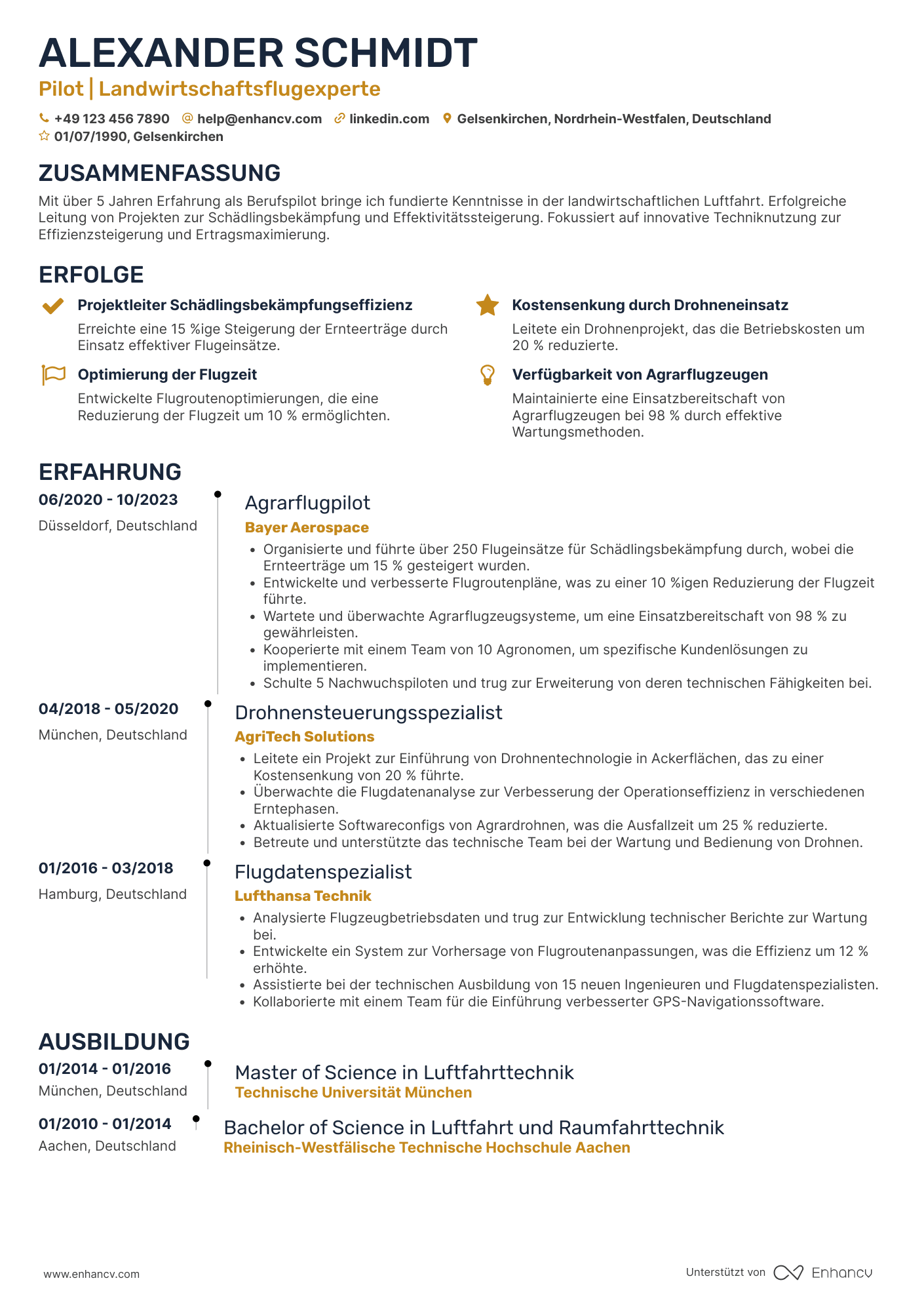 Lebenslauf in Pilot für Landwirtschaftsindustrie Resume Example