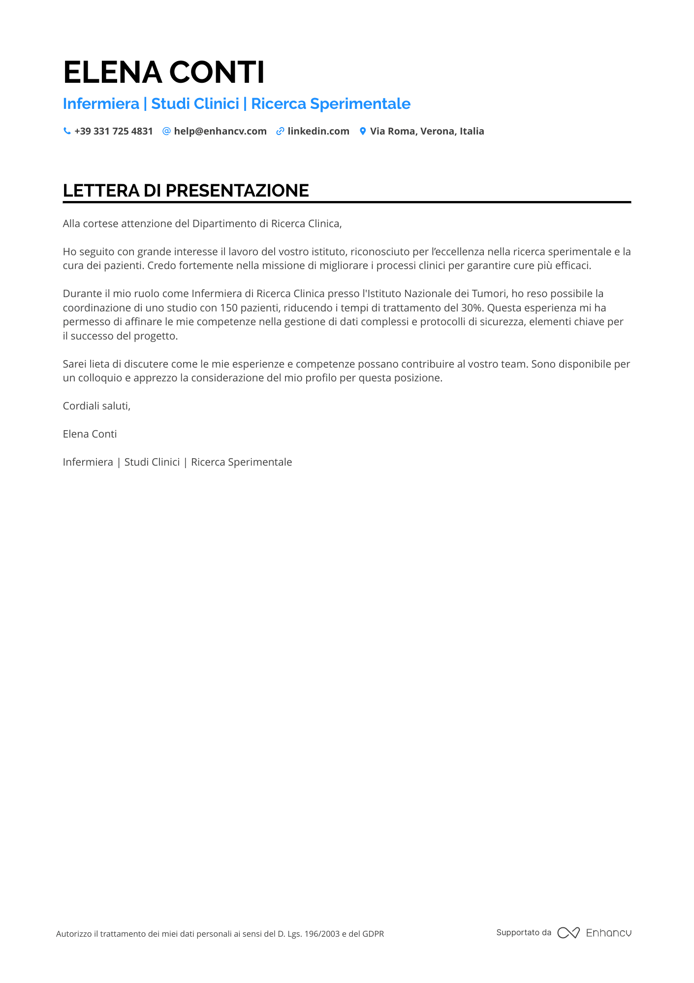 Infermiere di Oncologia Resume Example
