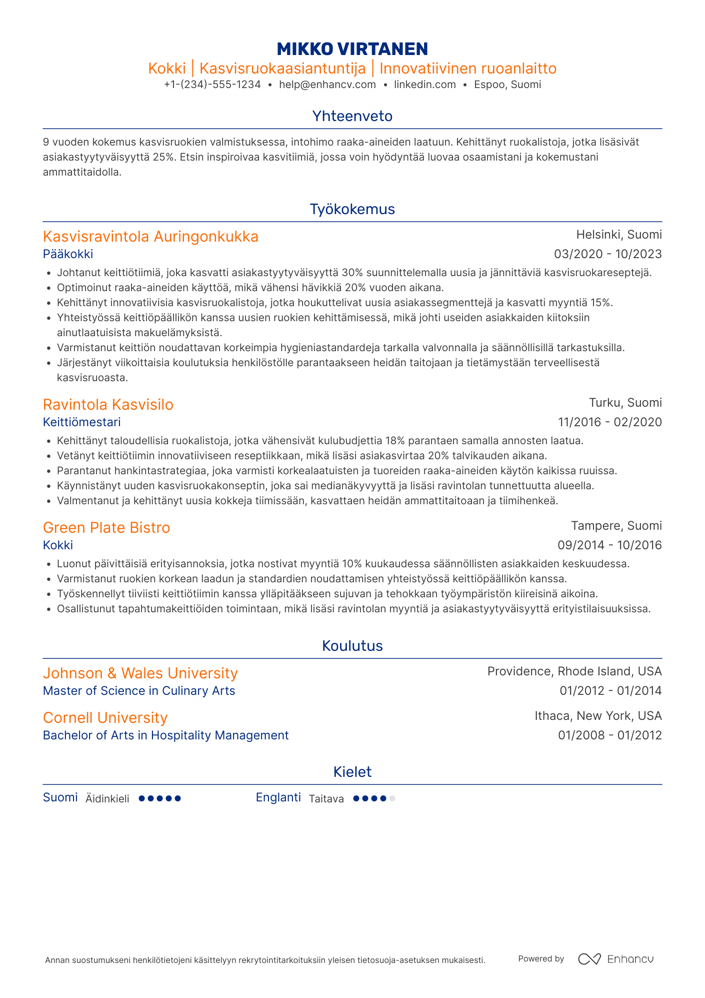 Ansioluettelo Kasvisravintola Kokki Resume Example