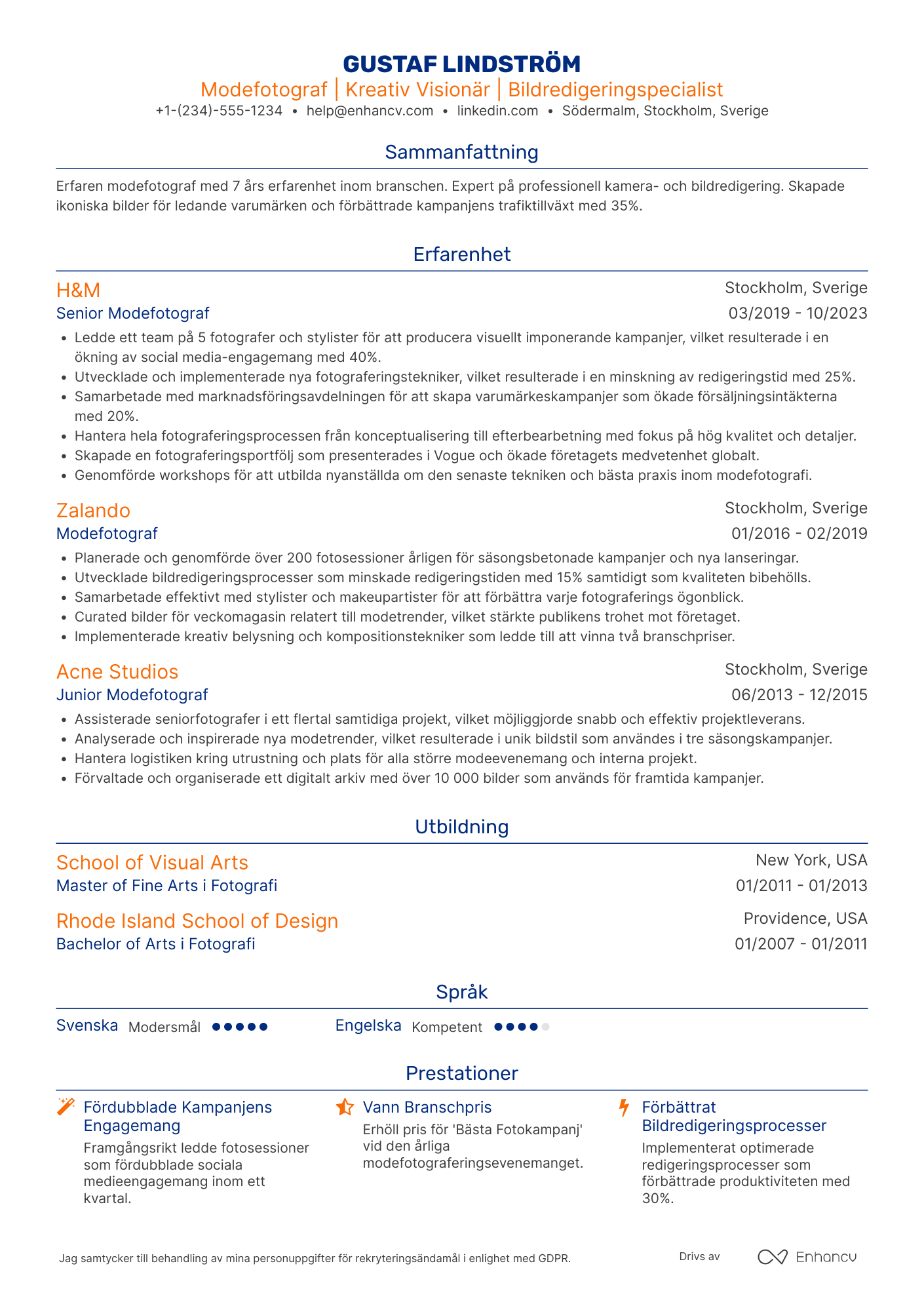CV för Modefotograf Resume Example