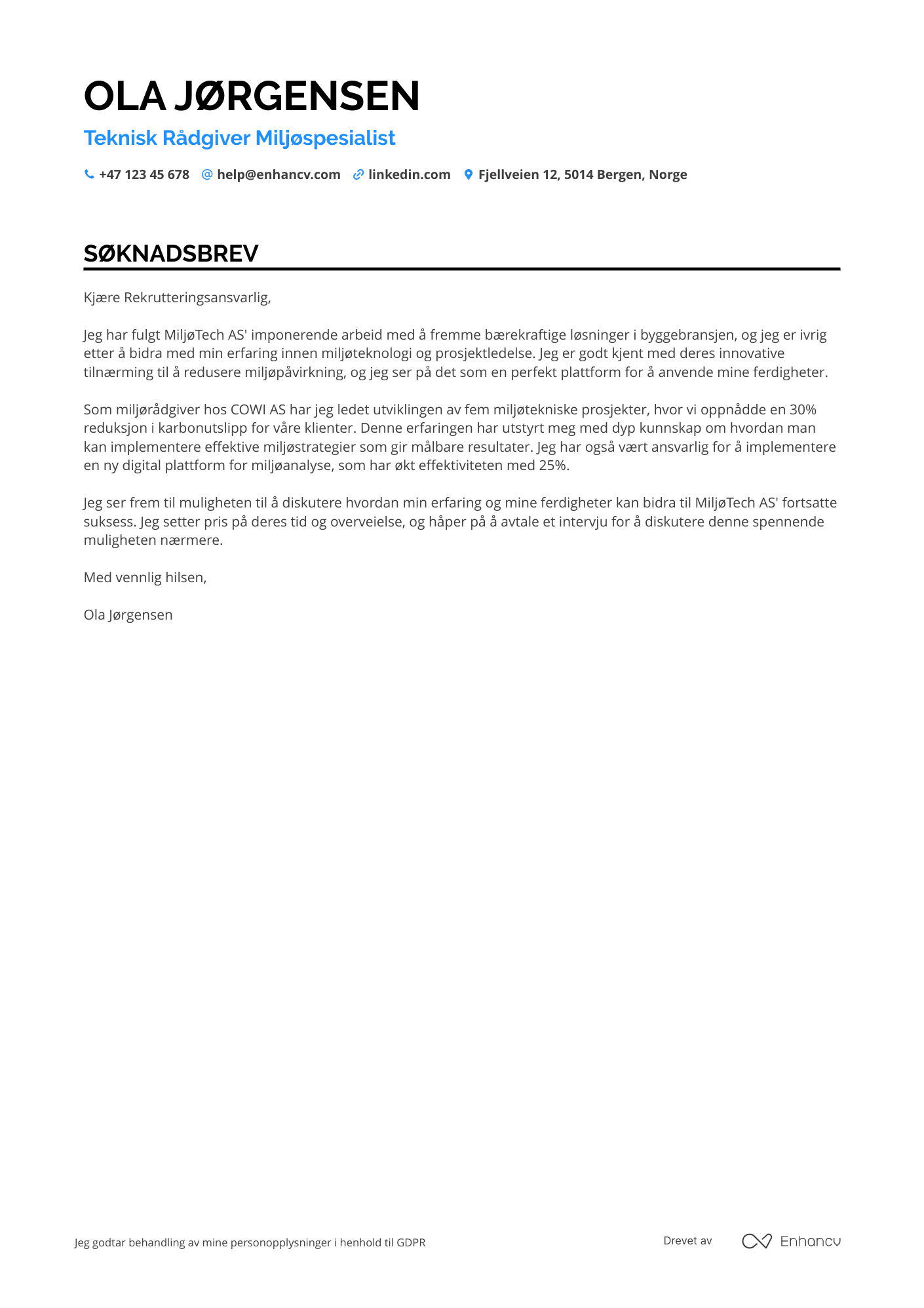 Søknadsbrev for Teknisk rådgiver miljøspecialist Resume Example