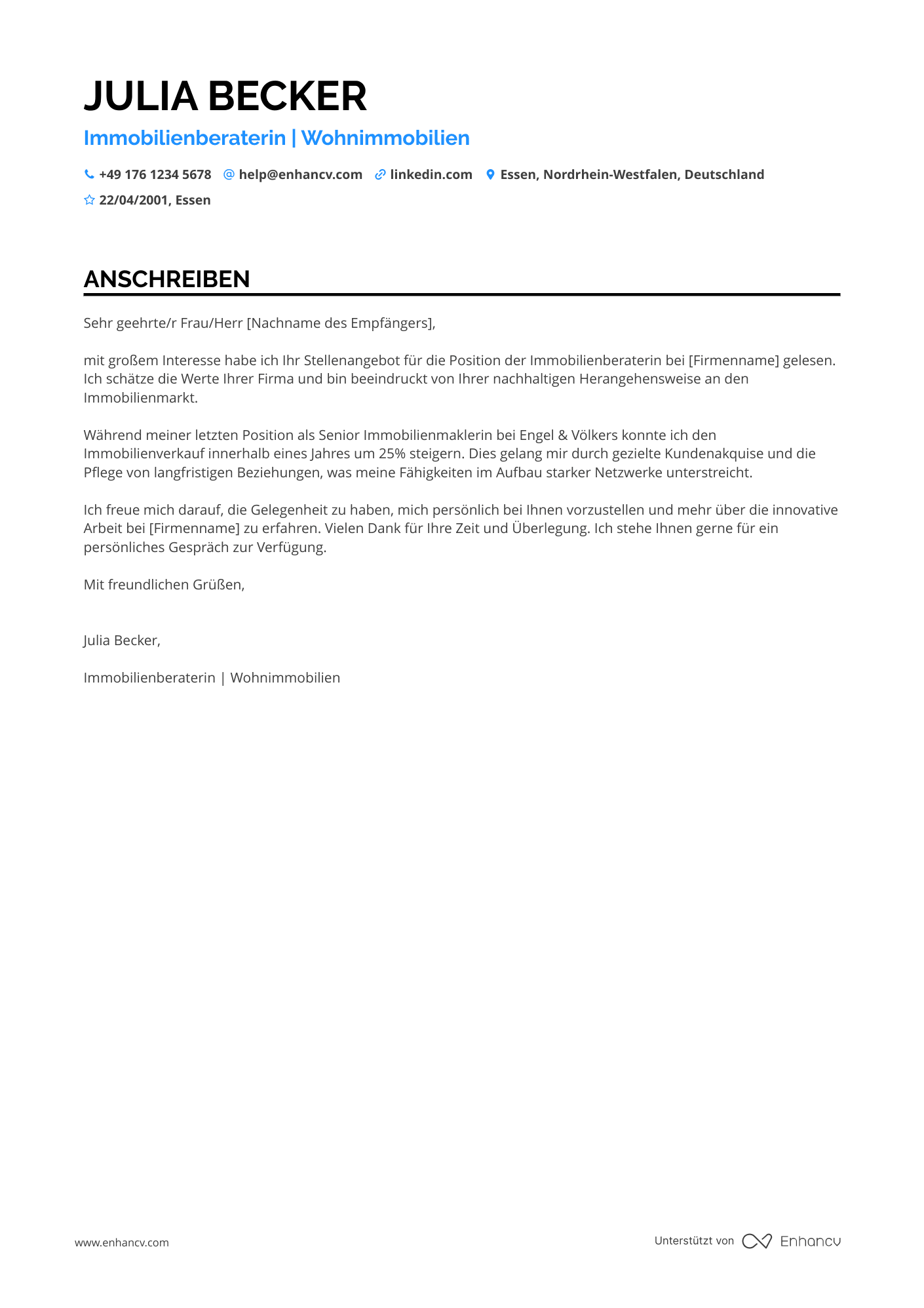 Immobilienmakler für Wohnimmobilien Resume Example