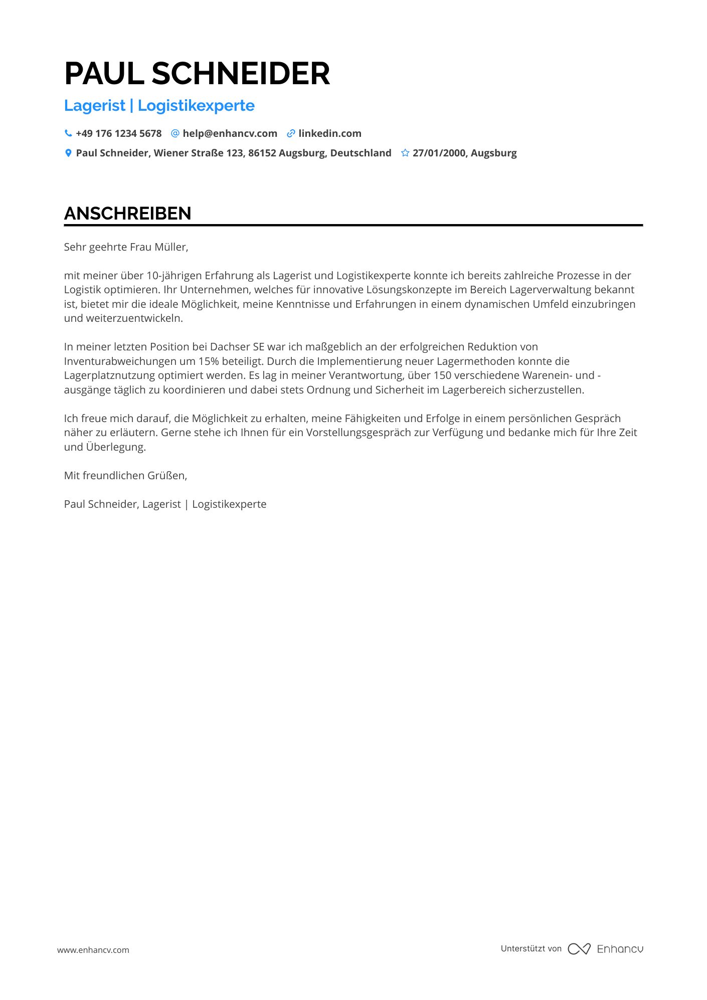 Lagerist mit Berufserfahrung Resume Example