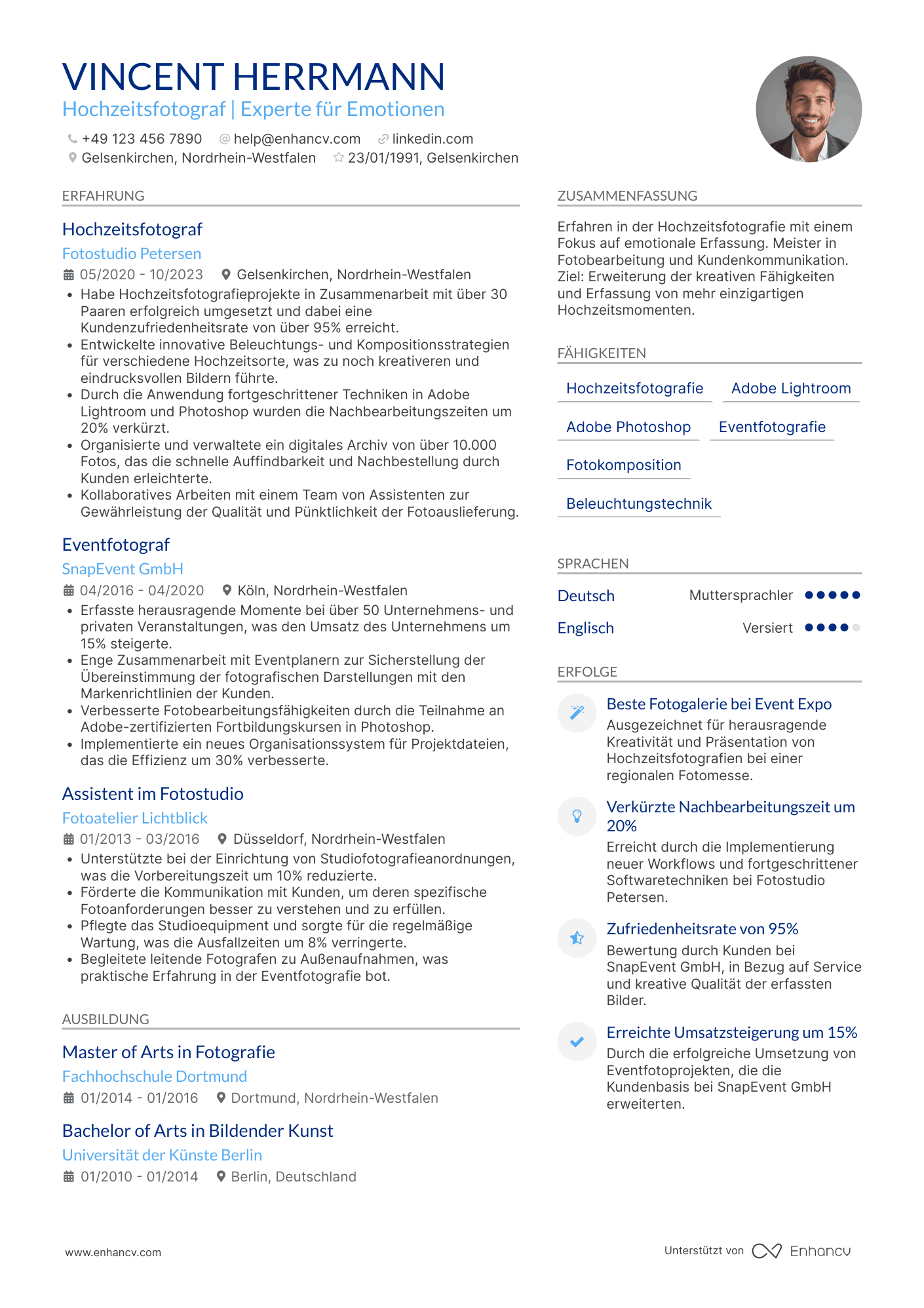 Lebenslauf als Fotograf mit Spezialisierung auf Hochzeiten Resume Example
