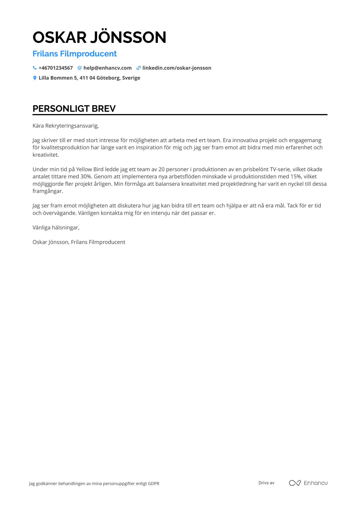 Personligt brev för Frilans Filmproducent Resume Example