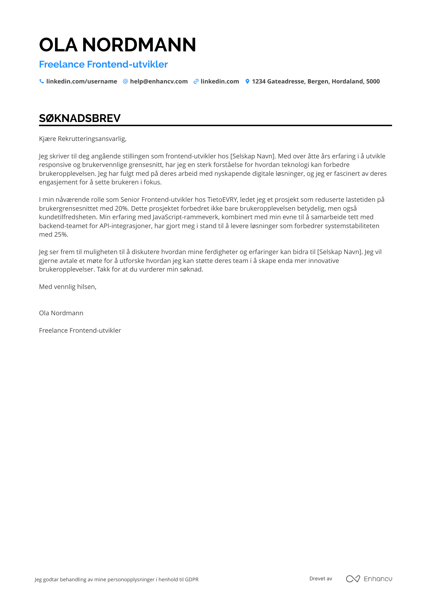 Søknadsbrev for Freelance Frontend‑utvikler Resume Example