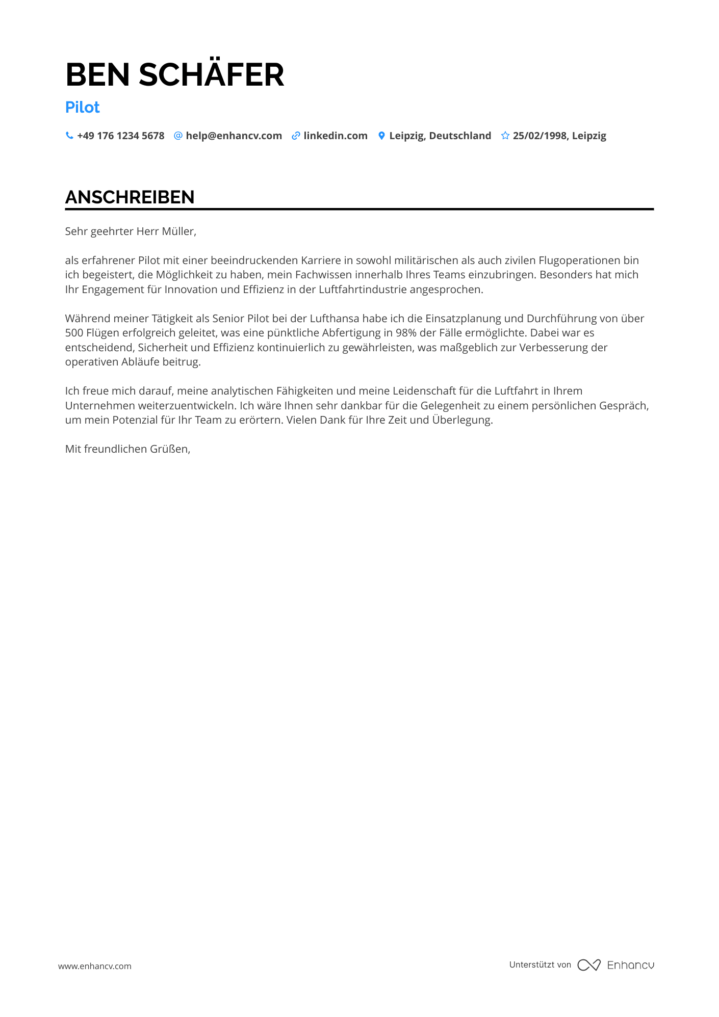 Pilot mit militärischer Erfahrung Resume Example