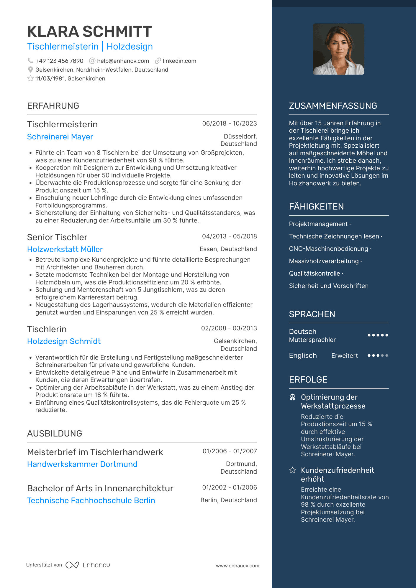 Lebenslauf als Tischlermeister Resume Example