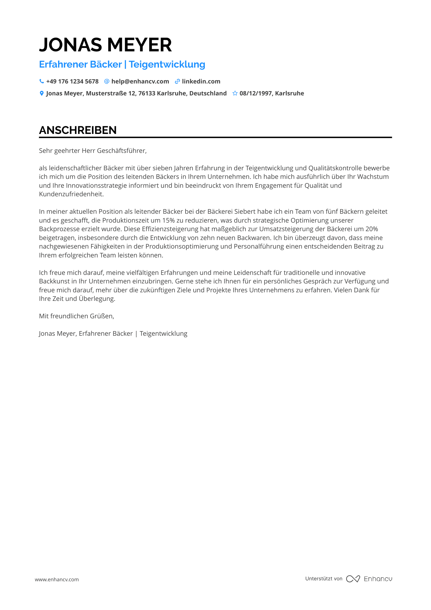 Erfahrener Bäcker Resume Example