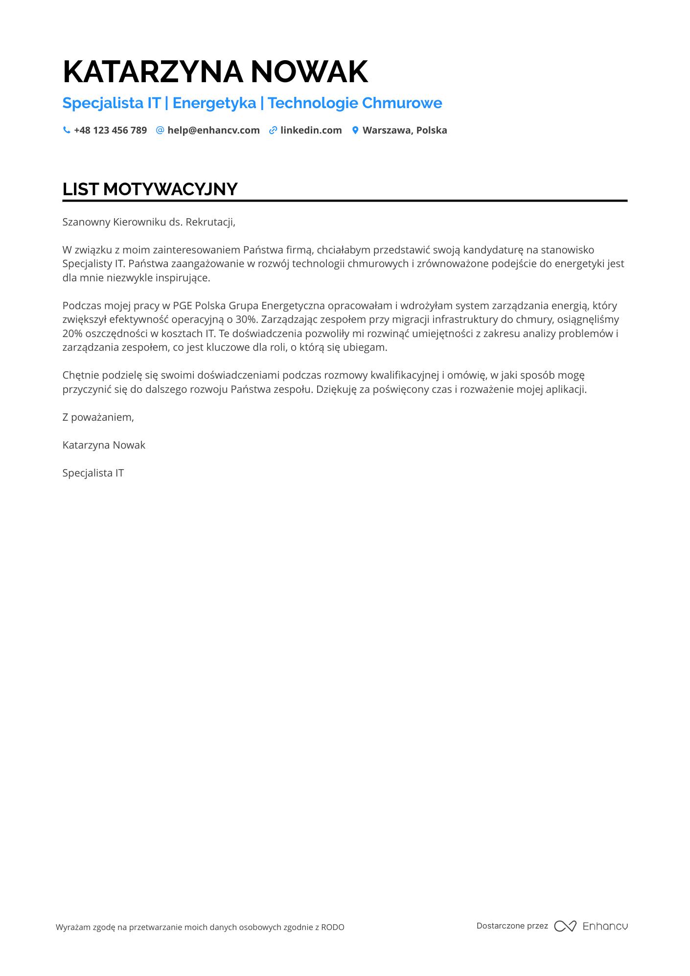 List motywacyjny dla Specjalista IT w Branży Energetycznej Resume Example
