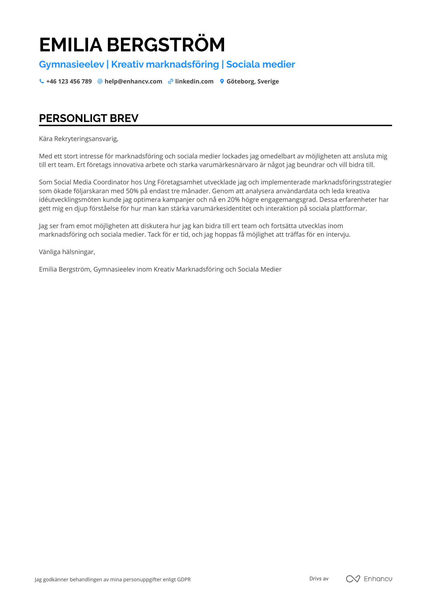 Personligt brev för Gymnasieelev Reklam Resume Example