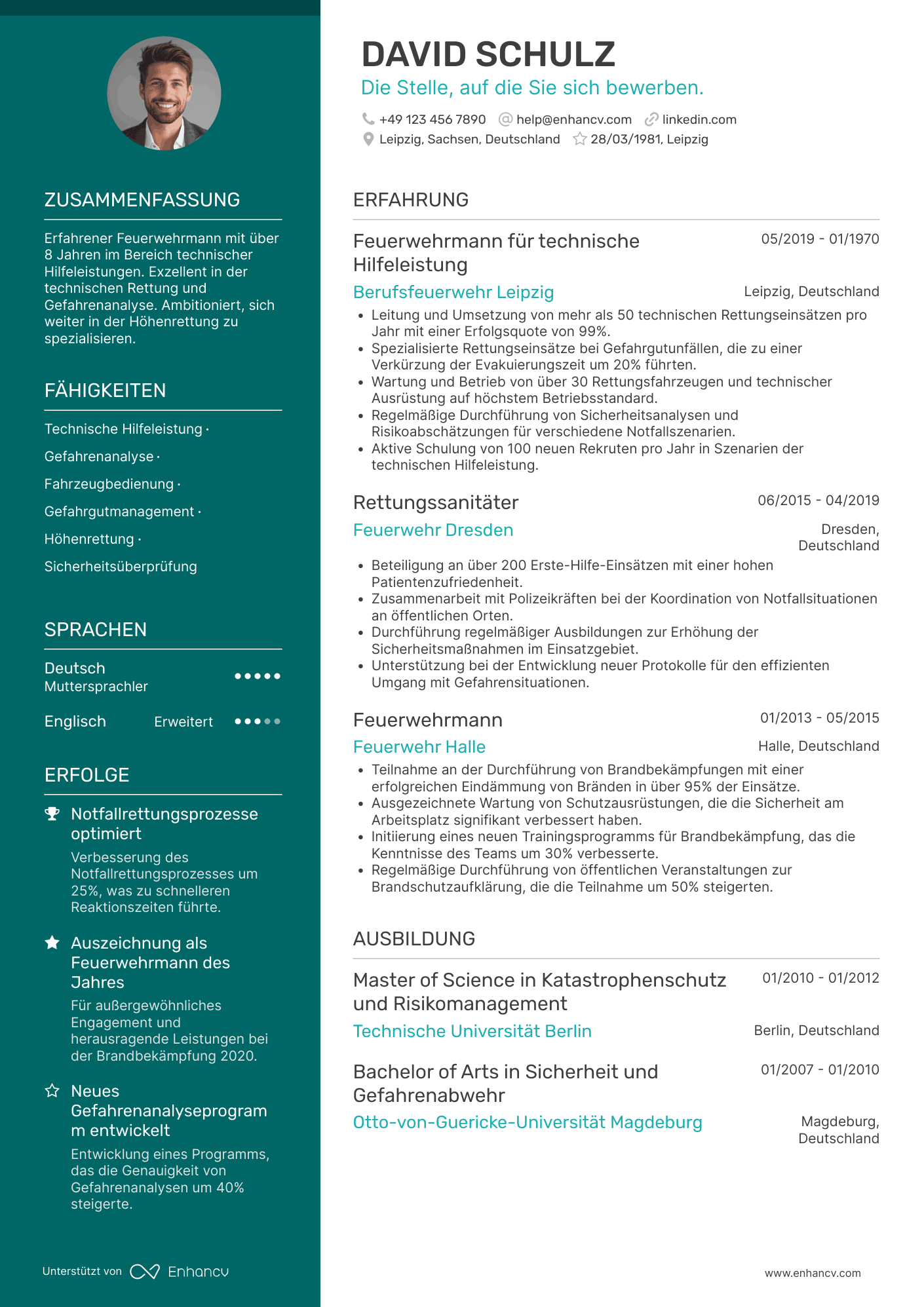 Lebenslauf als Feuerwehrmann für technische Hilfeleistung Resume Example