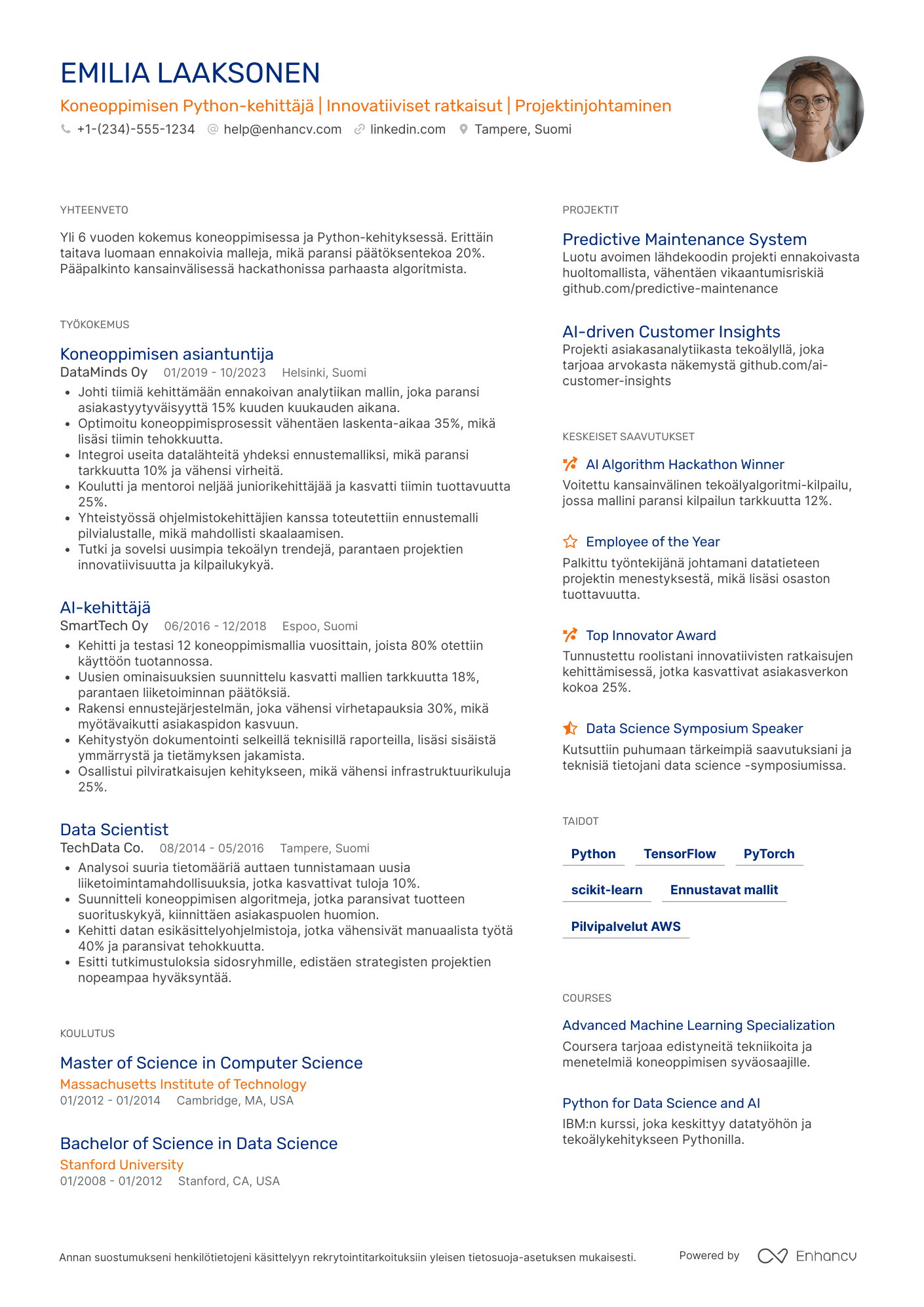 Ansioluettelo Koneoppimisen Python kehittäjä Resume Example