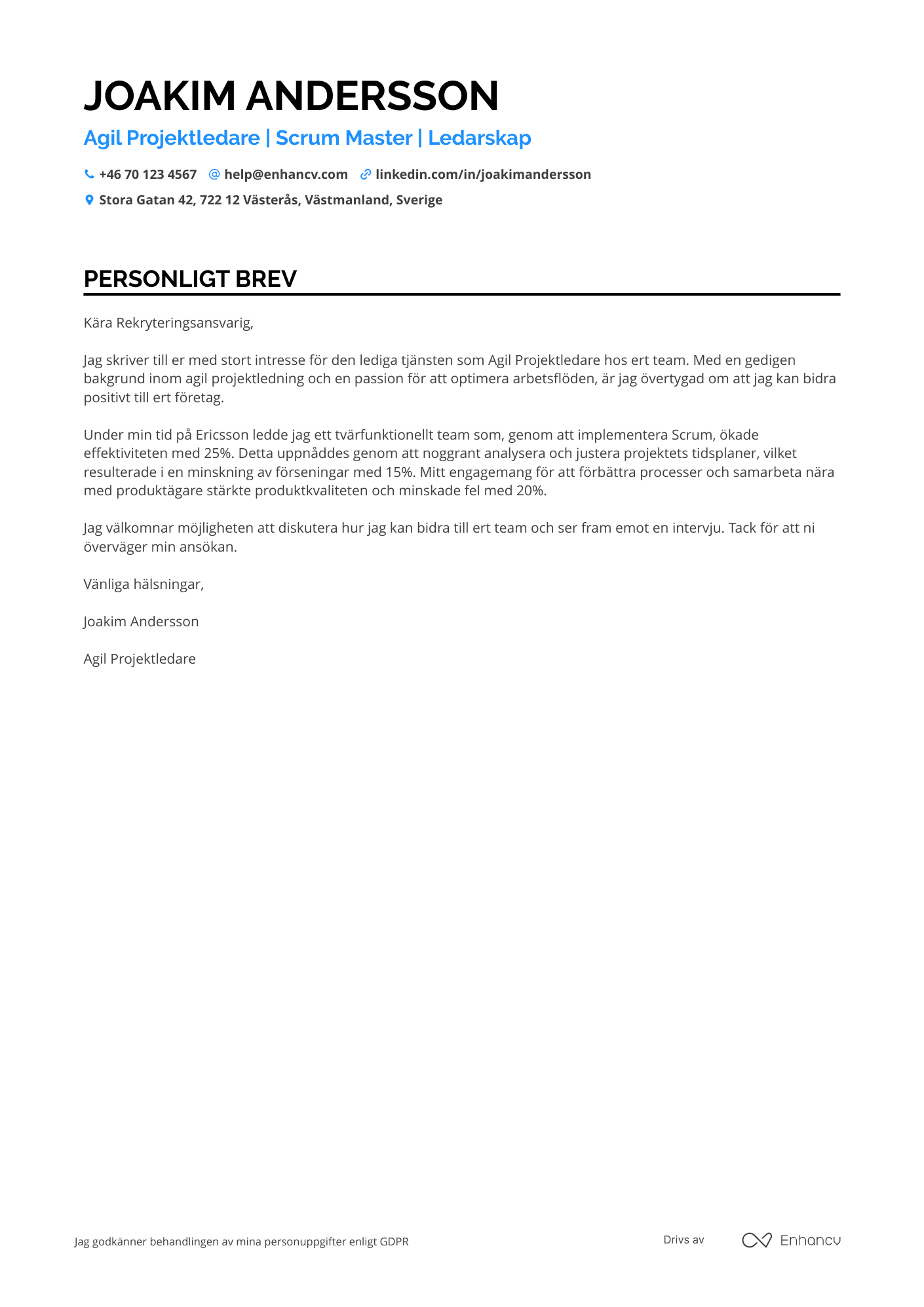 Personligt brev för Agil projektledare Resume Example