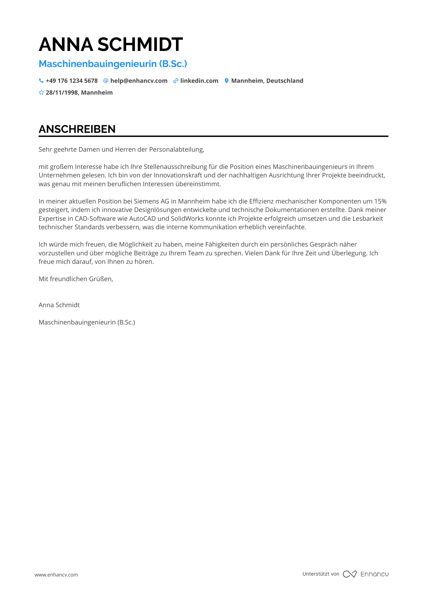 Junior Maschinenbauingenieur Resume Example