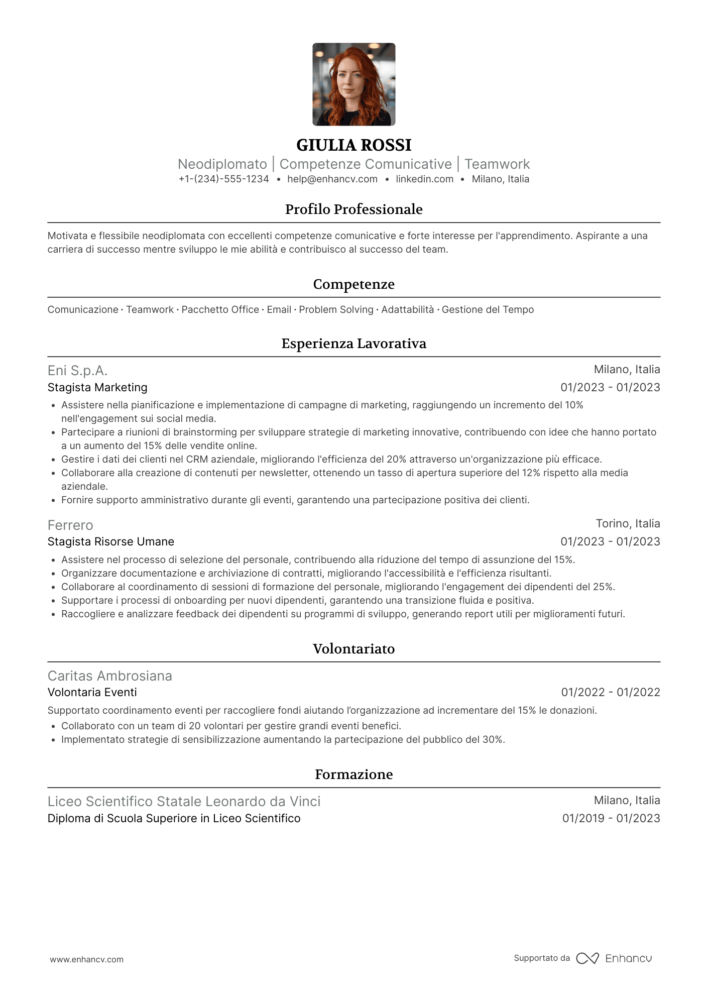 Curriculum vitae neodiplomato senza esperienza Resume Example
