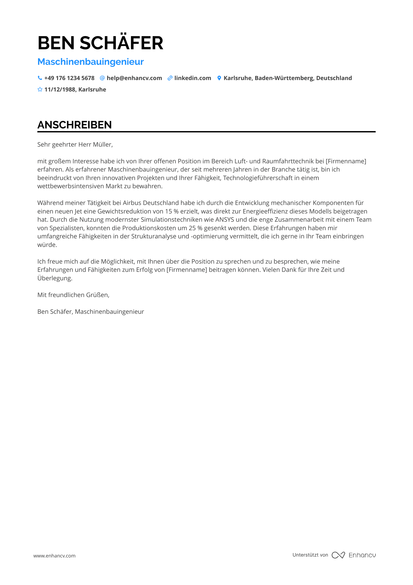 Maschinenbauingenieur in der Luft  und Raumfahrtindustrie Resume Example