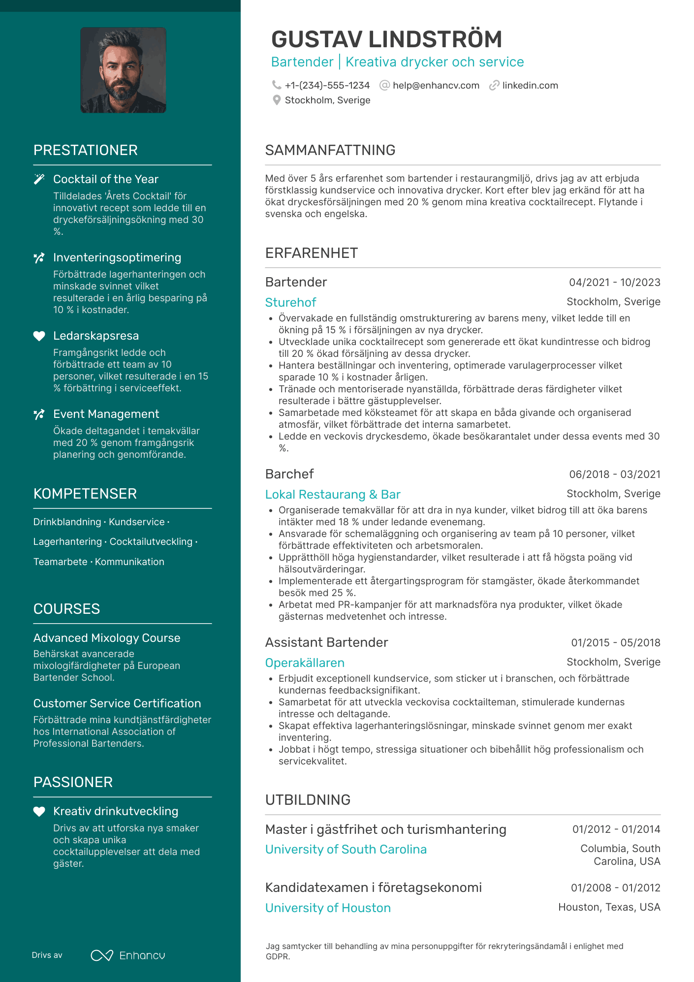 CV för Bartender Restaurangmedarbetare Resume Example