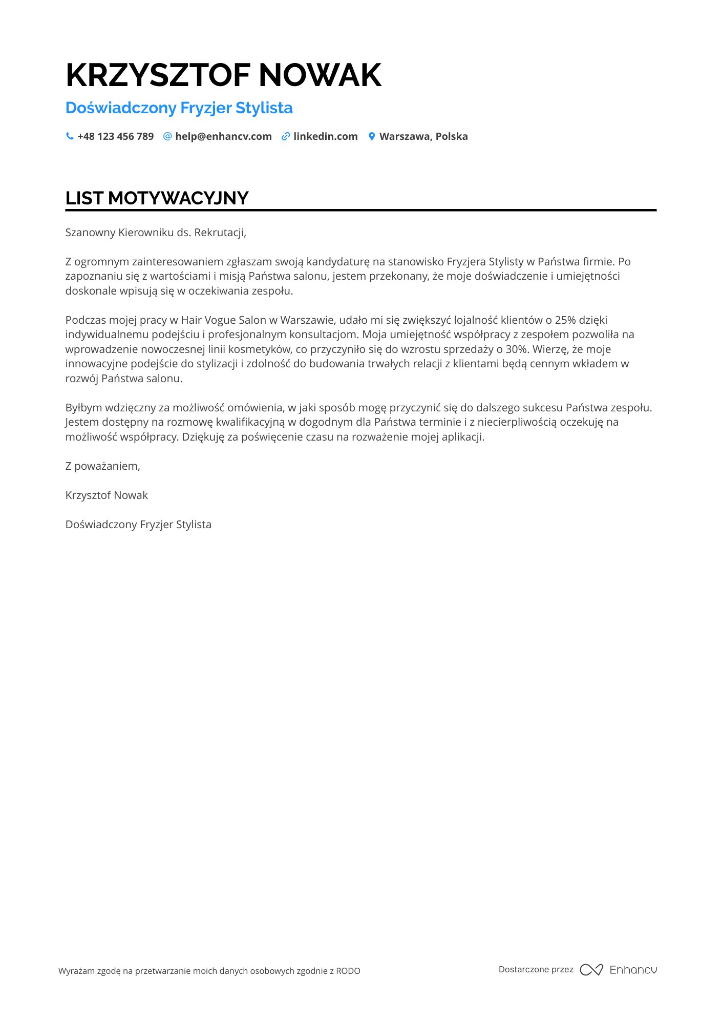 List motywacyjny dla Fryzjer Stylista Resume Example