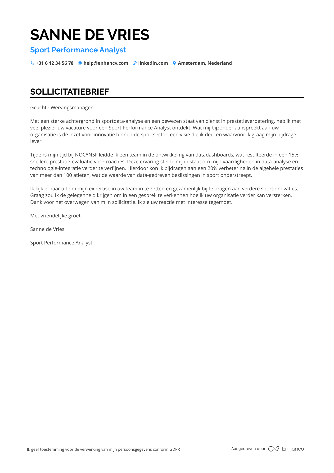 Sollicitatiebrief voor Sport Performance Analyst Resume Example