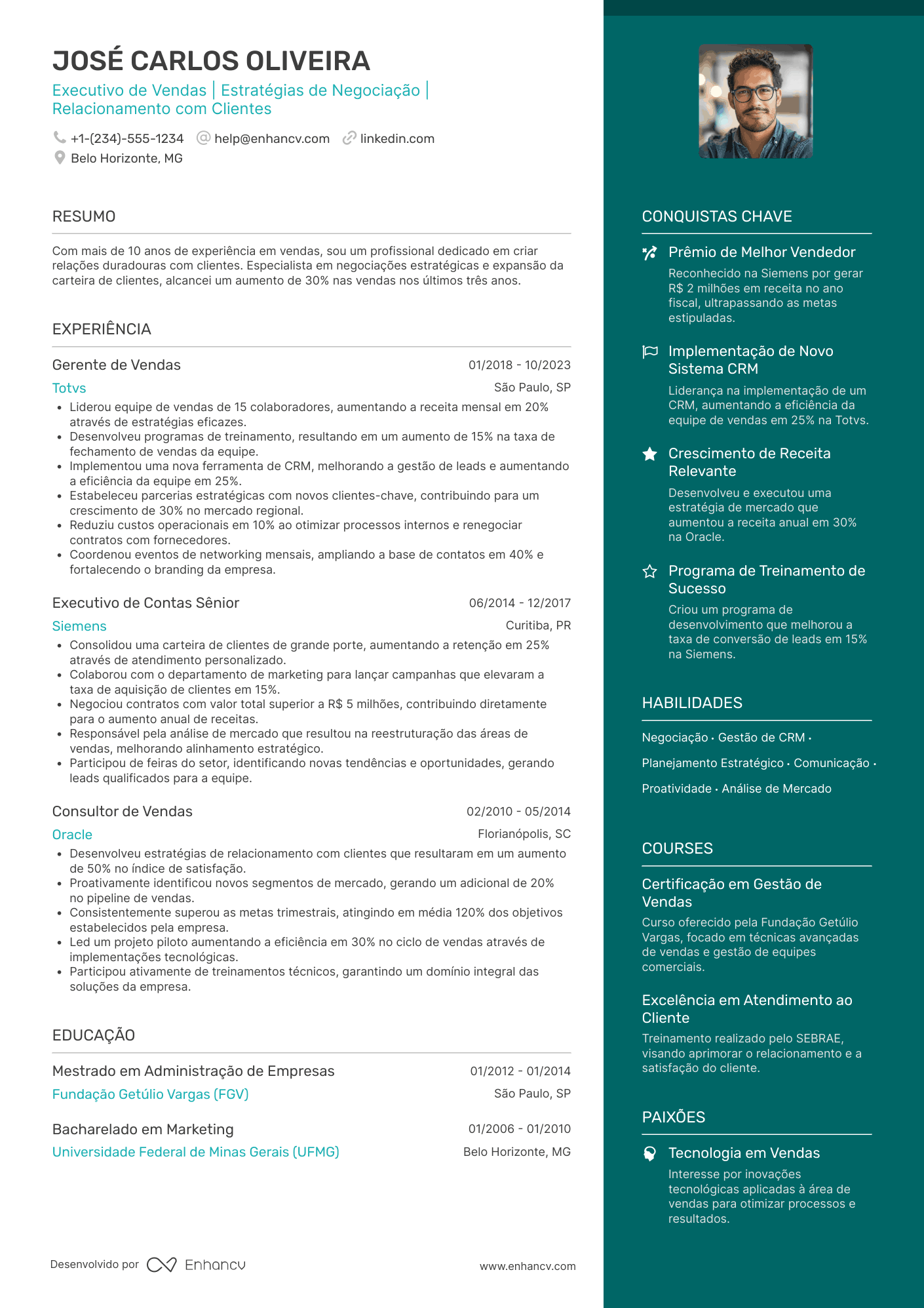 Modelo de currículo de executivo de vendas Resume Example