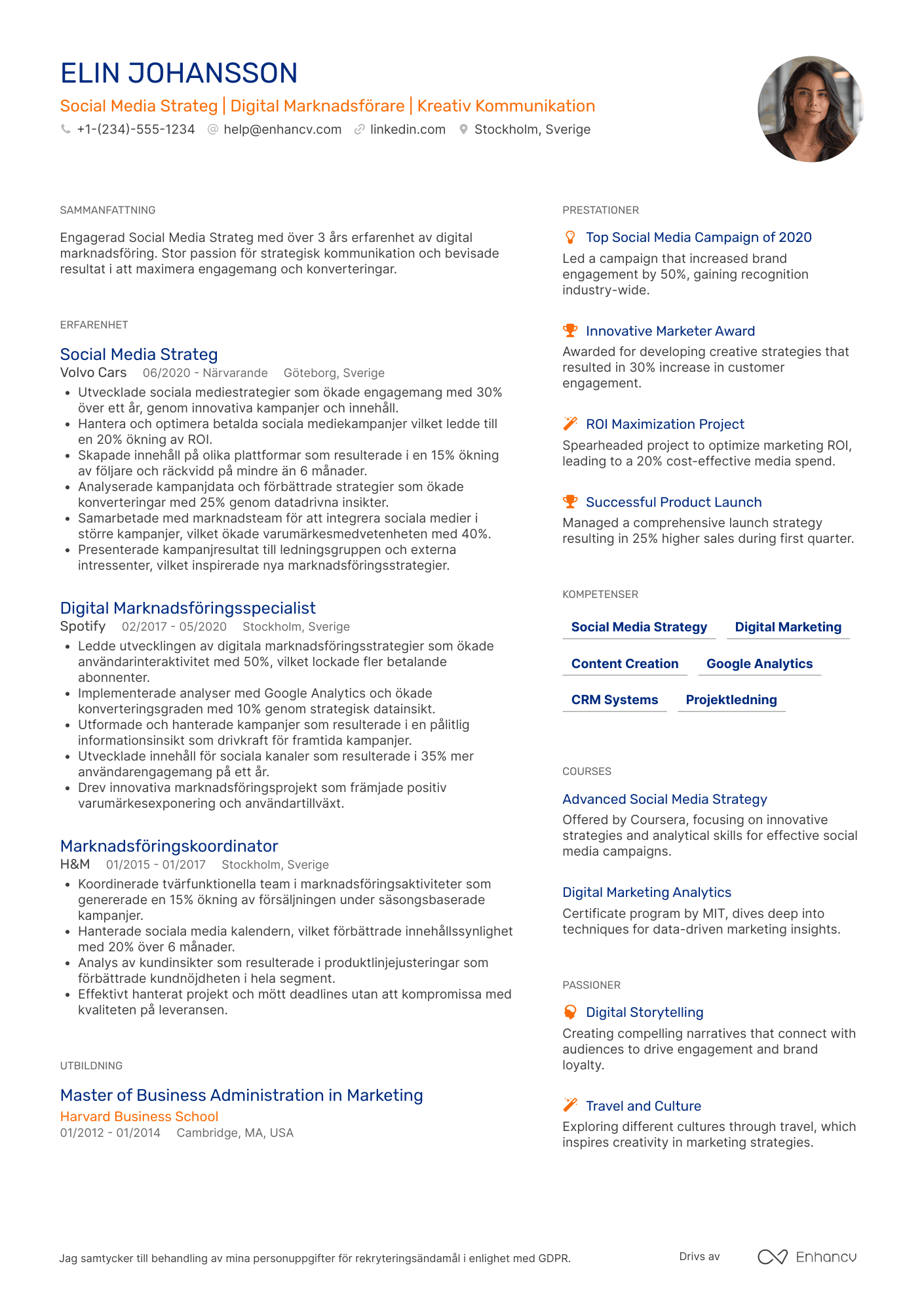 CV för Social Media Strateg Digital Marknadsförare Resume Example