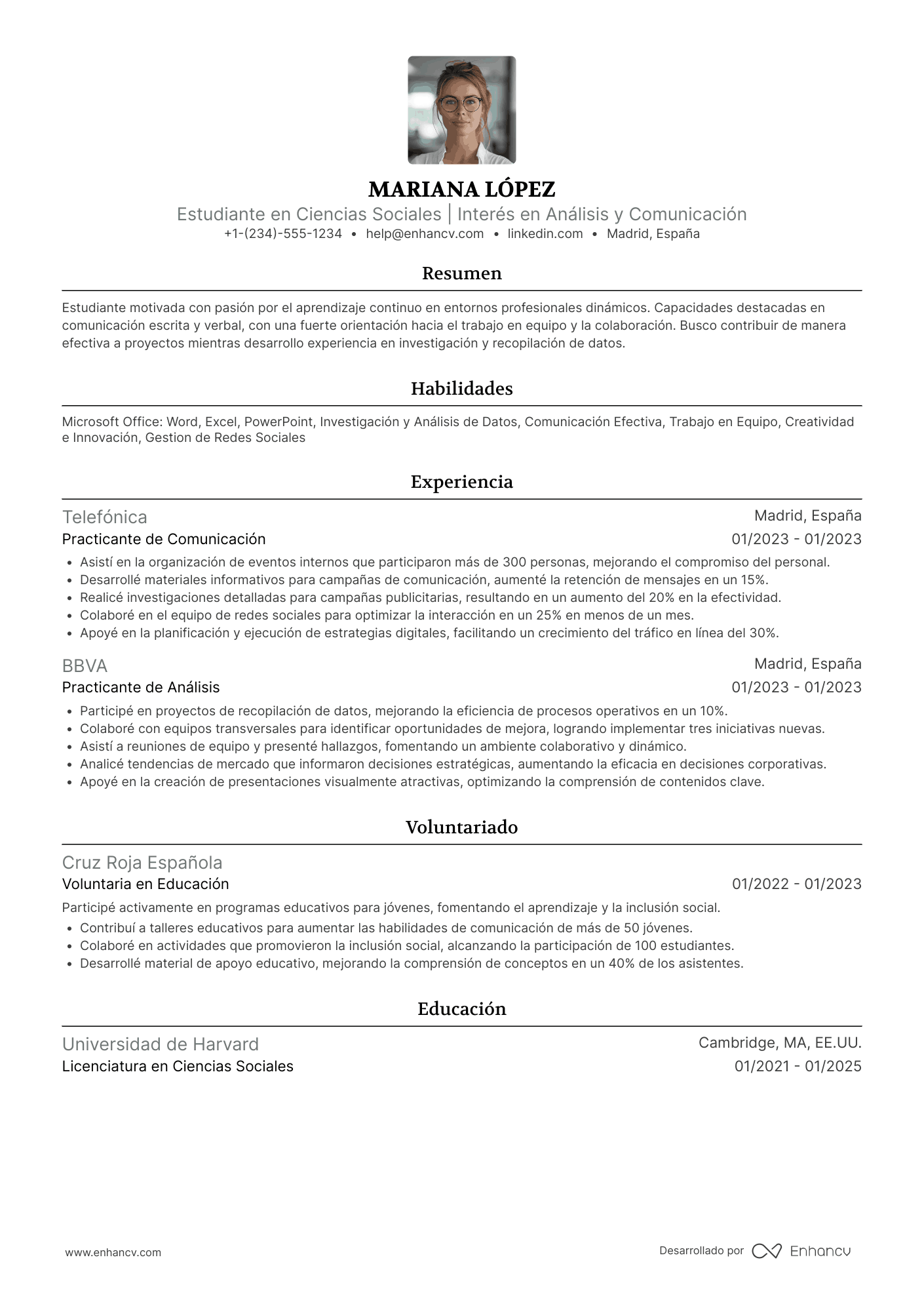 CV para estudiantes sin experiencia laboral Resume Example