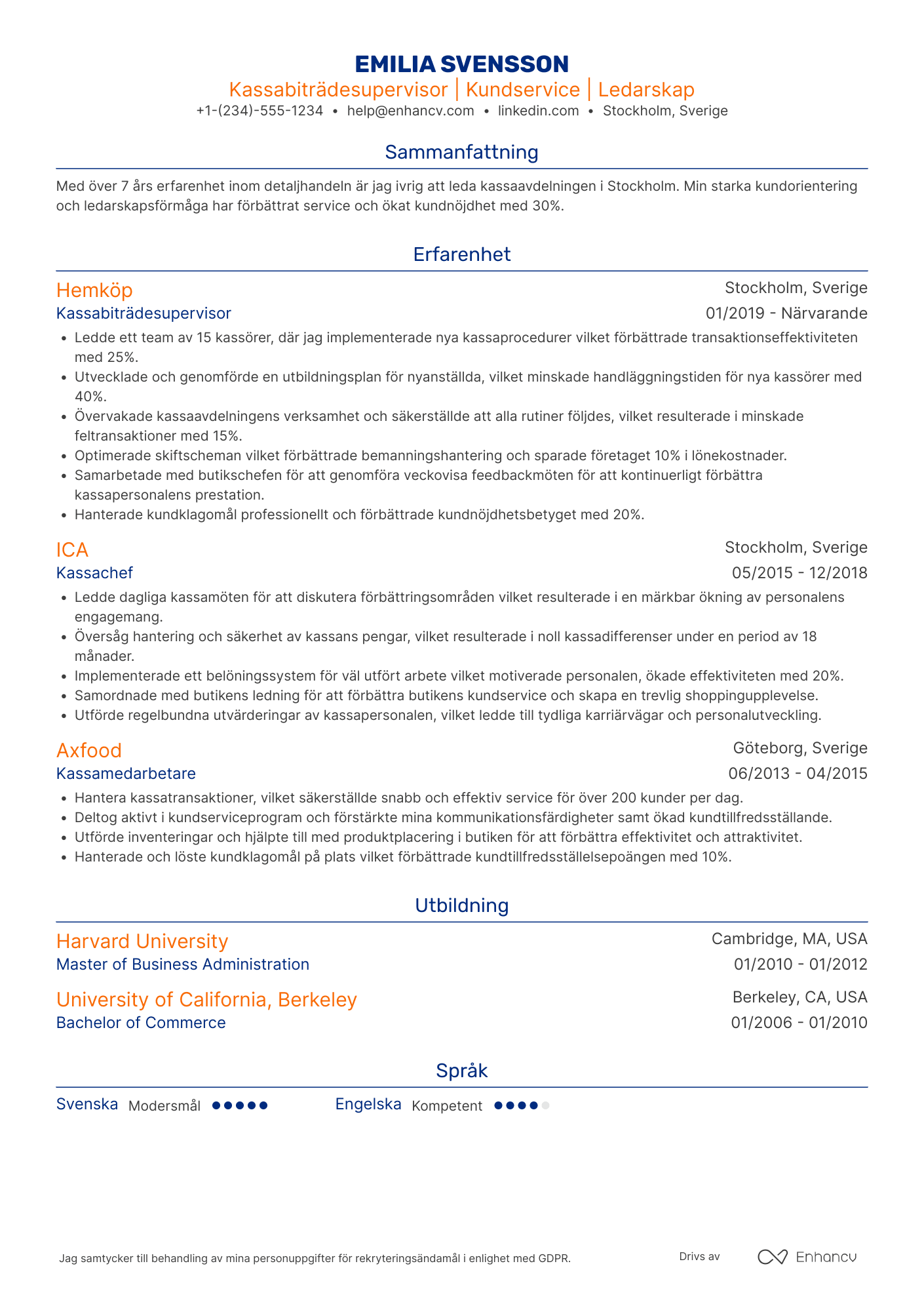 CV för Kassabiträdesupervisor Resume Example