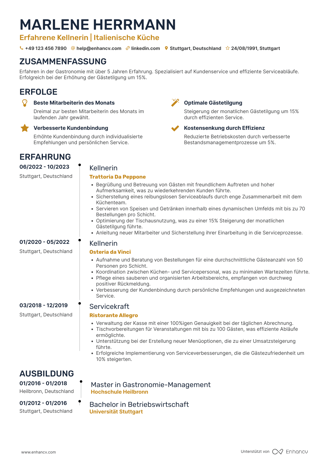 Lebenslauf als Kellner für Pizzeria Resume Example