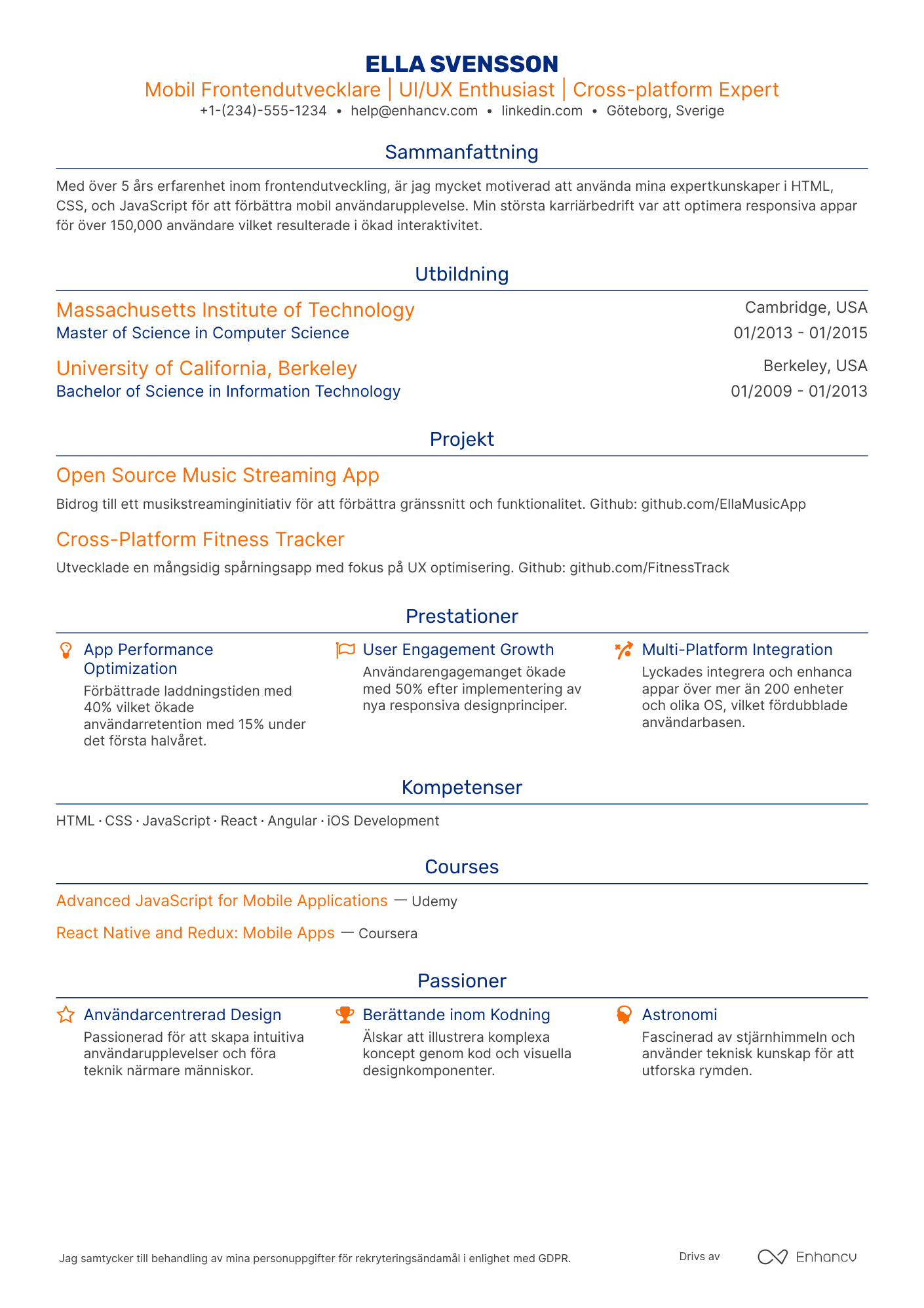 CV för Mobil Frontendutvecklare Resume Example