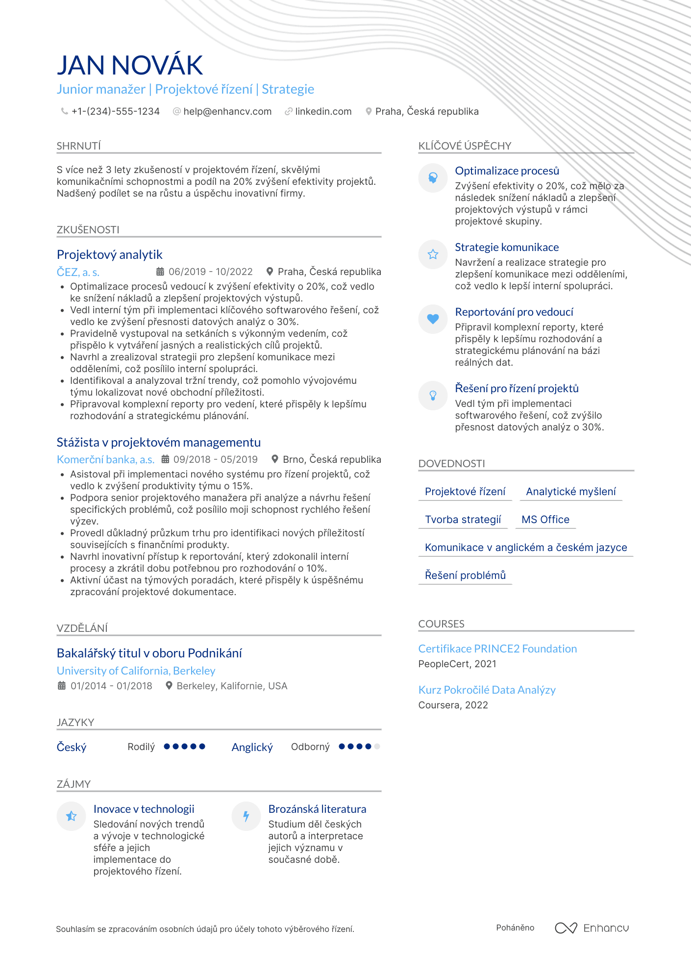 Životopis pro Junior manažer Resume Example