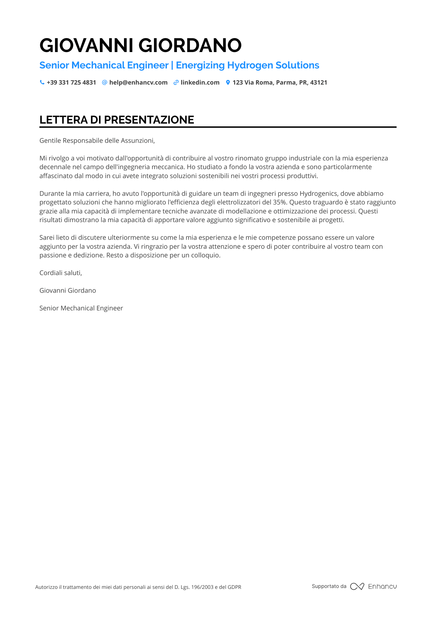 Ingegnere Meccanico Senior Resume Example