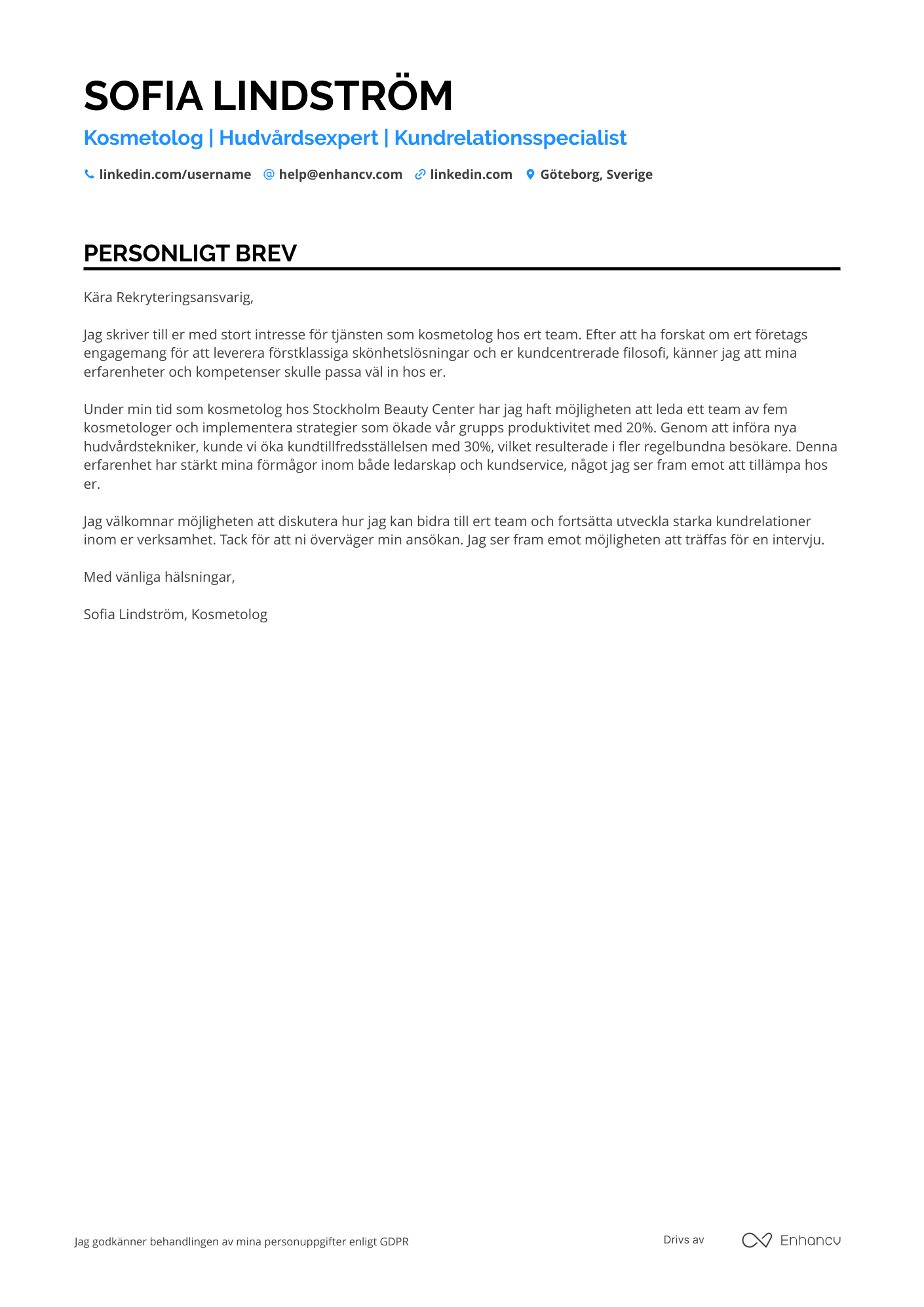 Personligt brev för Kosmetolog Skönhetsterapeut Resume Example