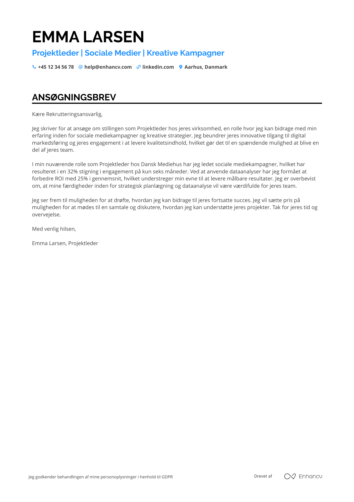Ansøgningsbrev til Projektleder – sociale medier Resume Example
