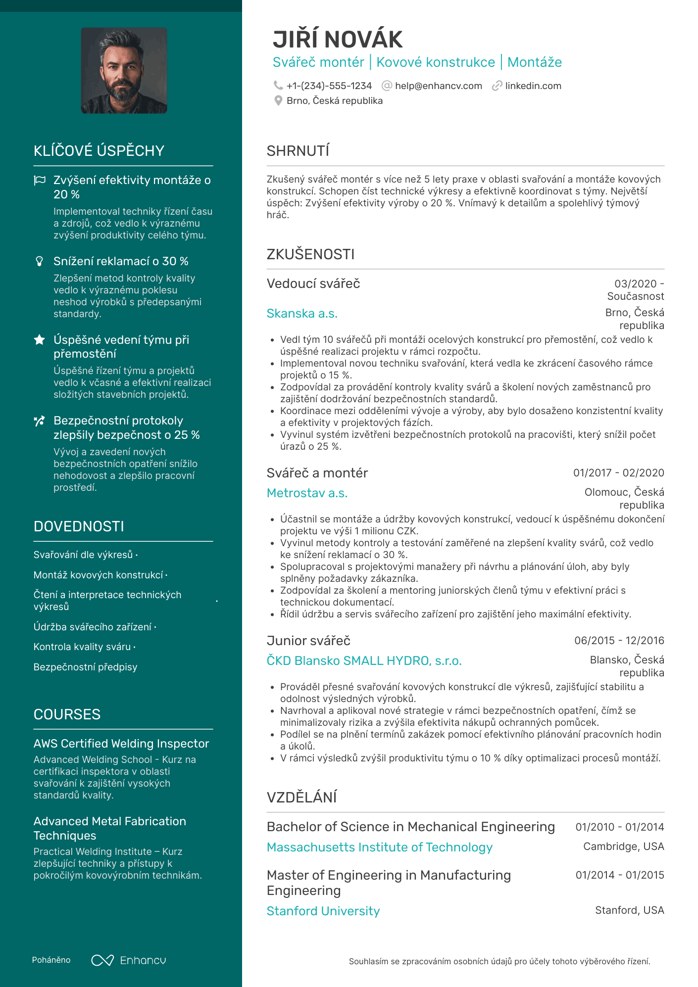 Životopis pro Svářeč montér Resume Example