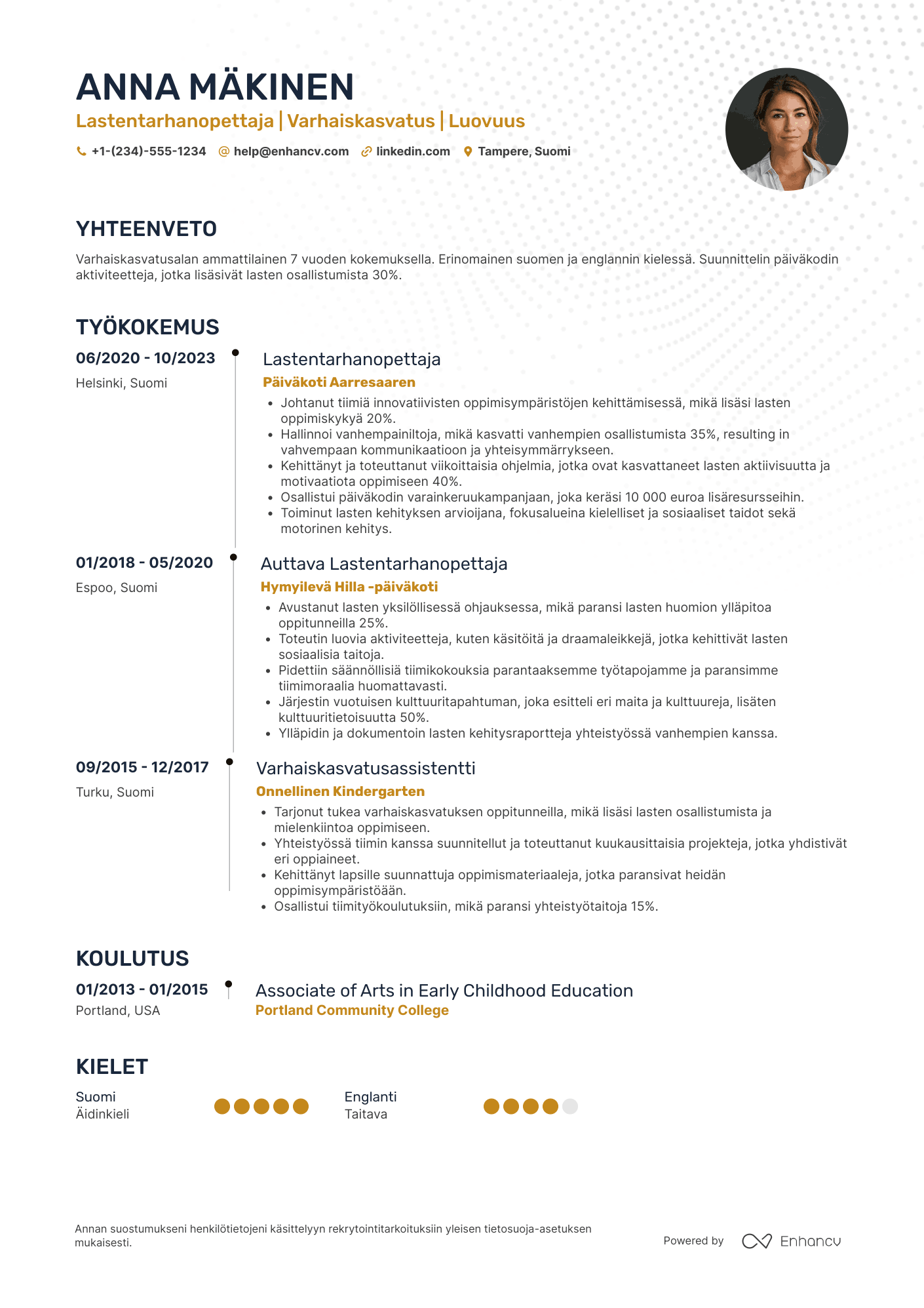 Ansioluettelo Auttava lastentarhanopettaja Resume Example