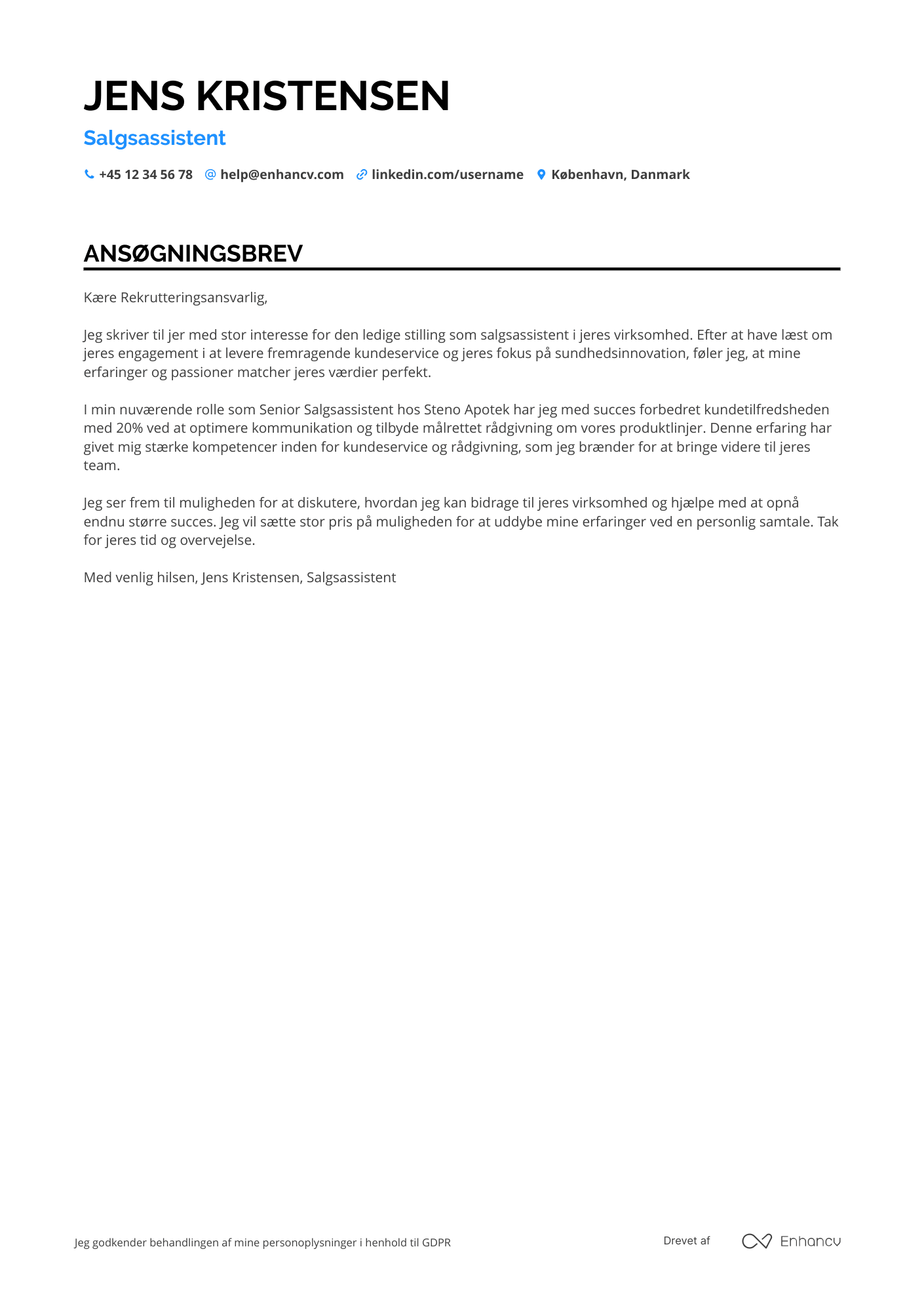 Ansøgningsbrev til Salgsassistent i apotek Resume Example