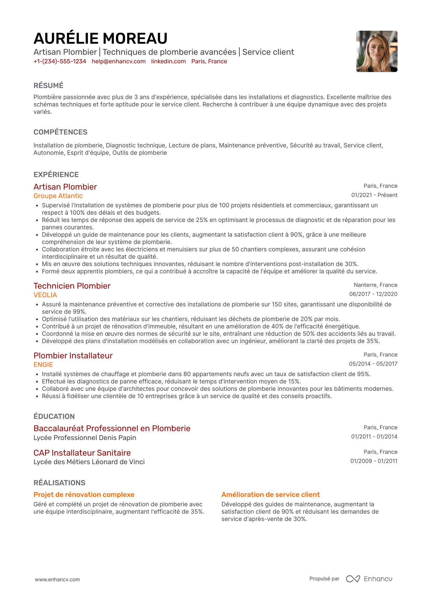 Exemple de CV d’artisan plombier Resume Example
