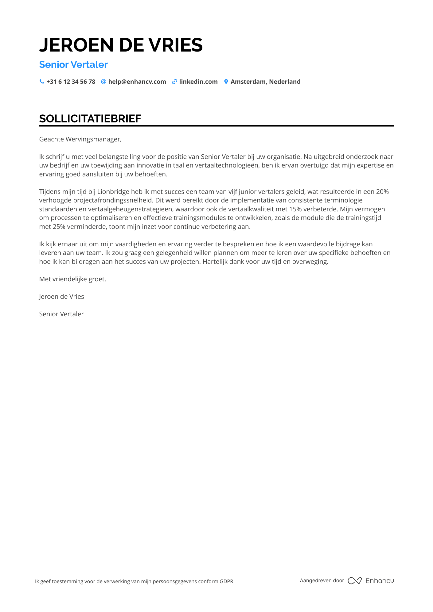 Sollicitatiebrief voor Senior Vertaler Resume Example