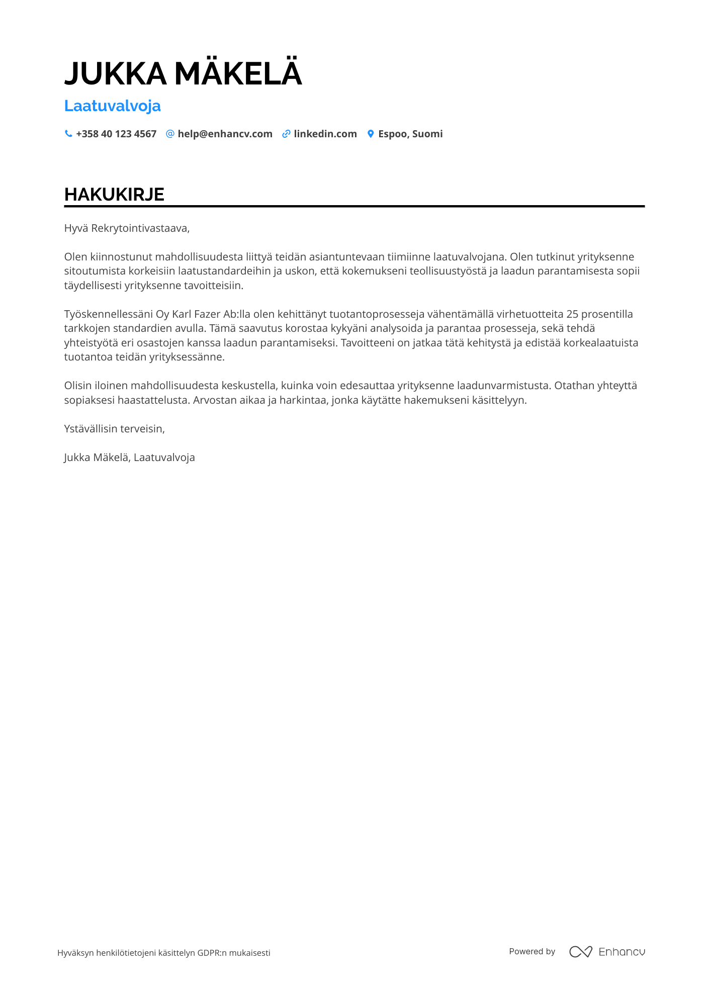Hakukirje Teollisuustyöntekijä Laatuvalvoja Resume Example