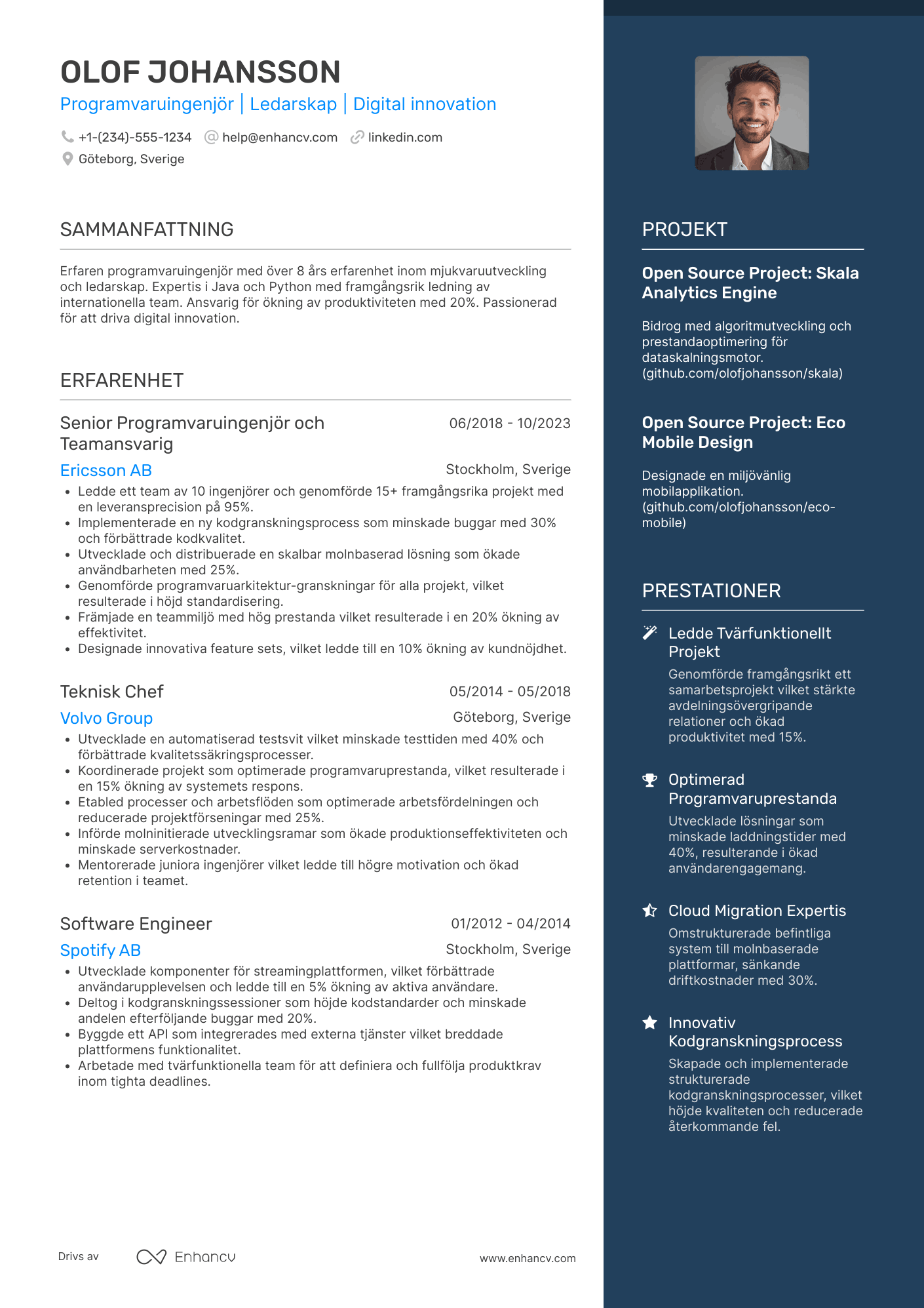 CV för Programvaruingenjör med chefserfarenhet Resume Example