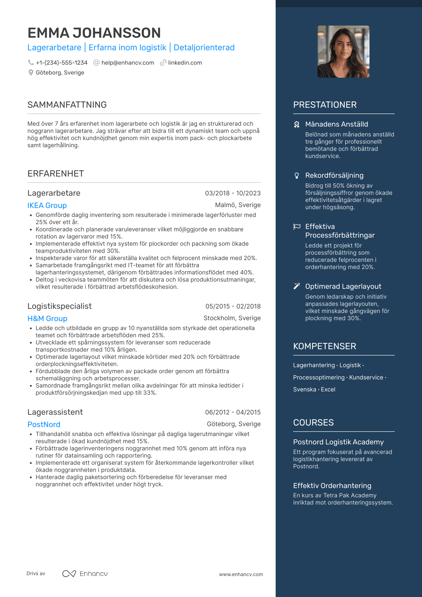 CV för Lagerarbetare pack  och plockpersonal Resume Example